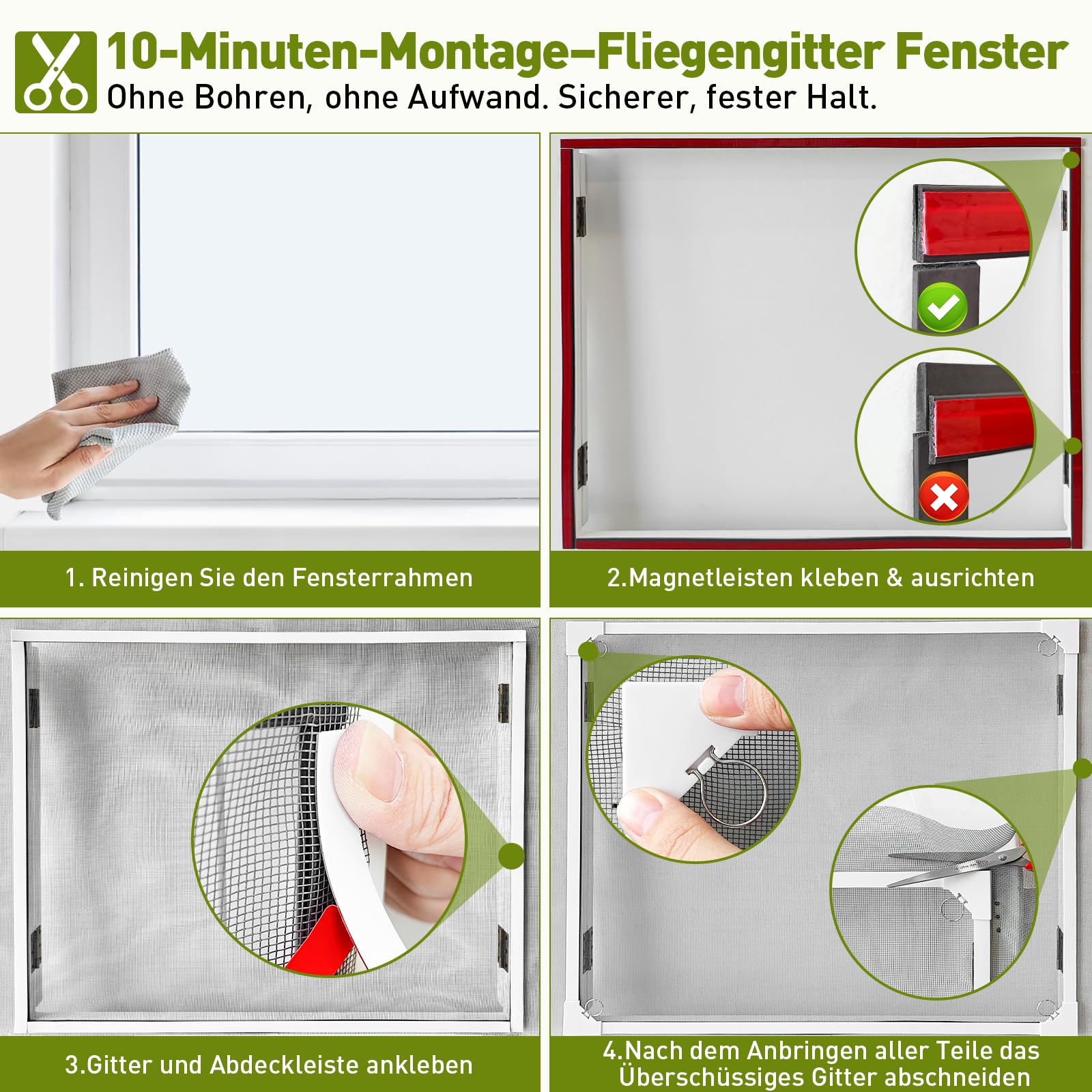 Fliegengitter Fenster Magnet, Insektenschutz Magnetfenster, zuschneidbar bis 130 x 150 cm, ohne Bohren, einfache Montage, Magnetrahmen mit reißfestem Glasfasergewebe, weißer Rahmen, graues Netz
