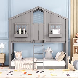 Harper & Bright DesignsTwin Over Twin House Bunk Beds with Ladder and Guard Rails for Girls Boys, Grey
