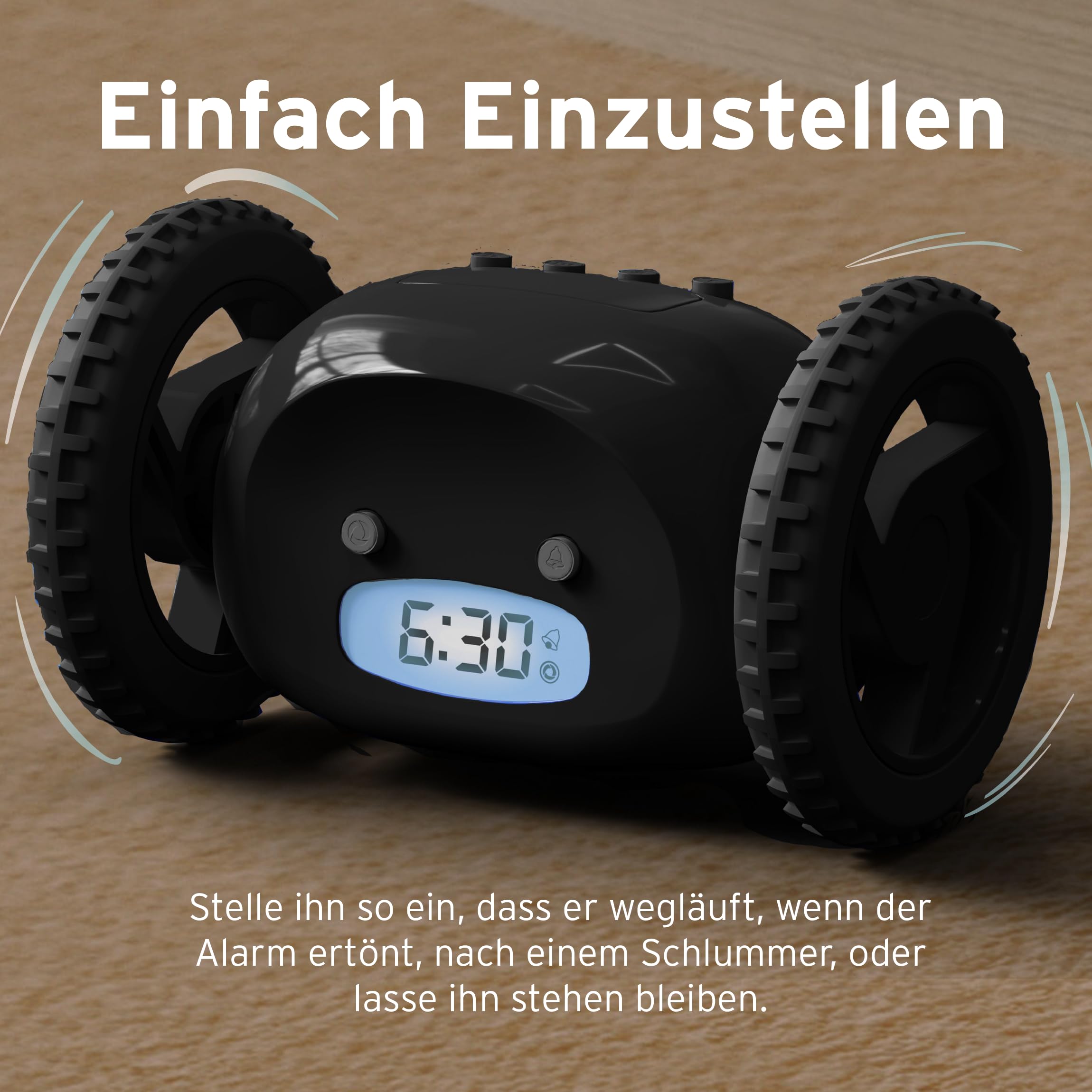 CLOCKY Lauter Digital Wecker Laut für tiefschläfer Erwachsene Jugendliche Lustig für schwerhörige schwere Schläfer auf Rädern Weglaufen Fahrender Springen Wegrollen Lustiges Geschenk (Schwarze Räder)