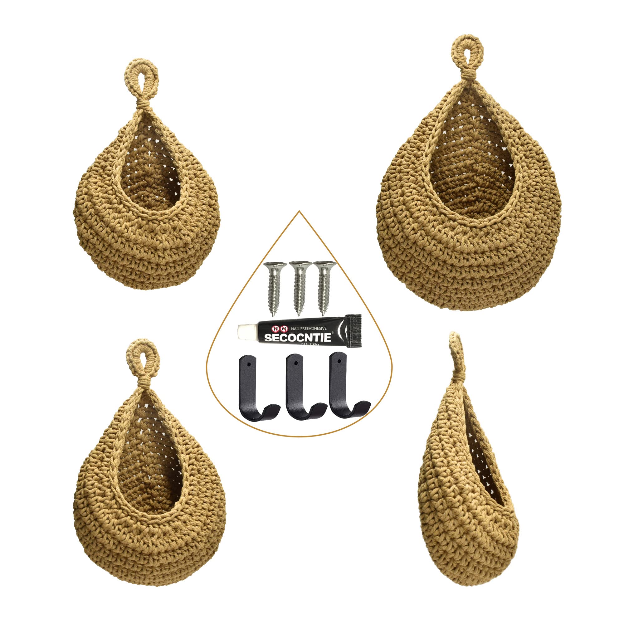 Anraja Hanging Fruit Basket For Kitchen Wall, Teardrop Garlic Storage Organizer, Decor Home, Boho Plant Holder, Set Of 3, Wheat