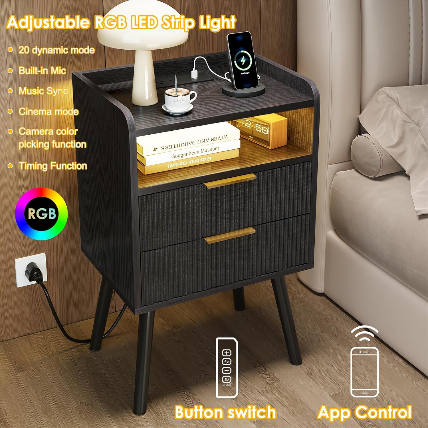 Fixwal Black Fluted Nightstand with Charging Station, LED Night Stand with 2 Wood Drawers for Bedroom, Modern Bedside Table, 15.7 x 11.8 x 25.6in