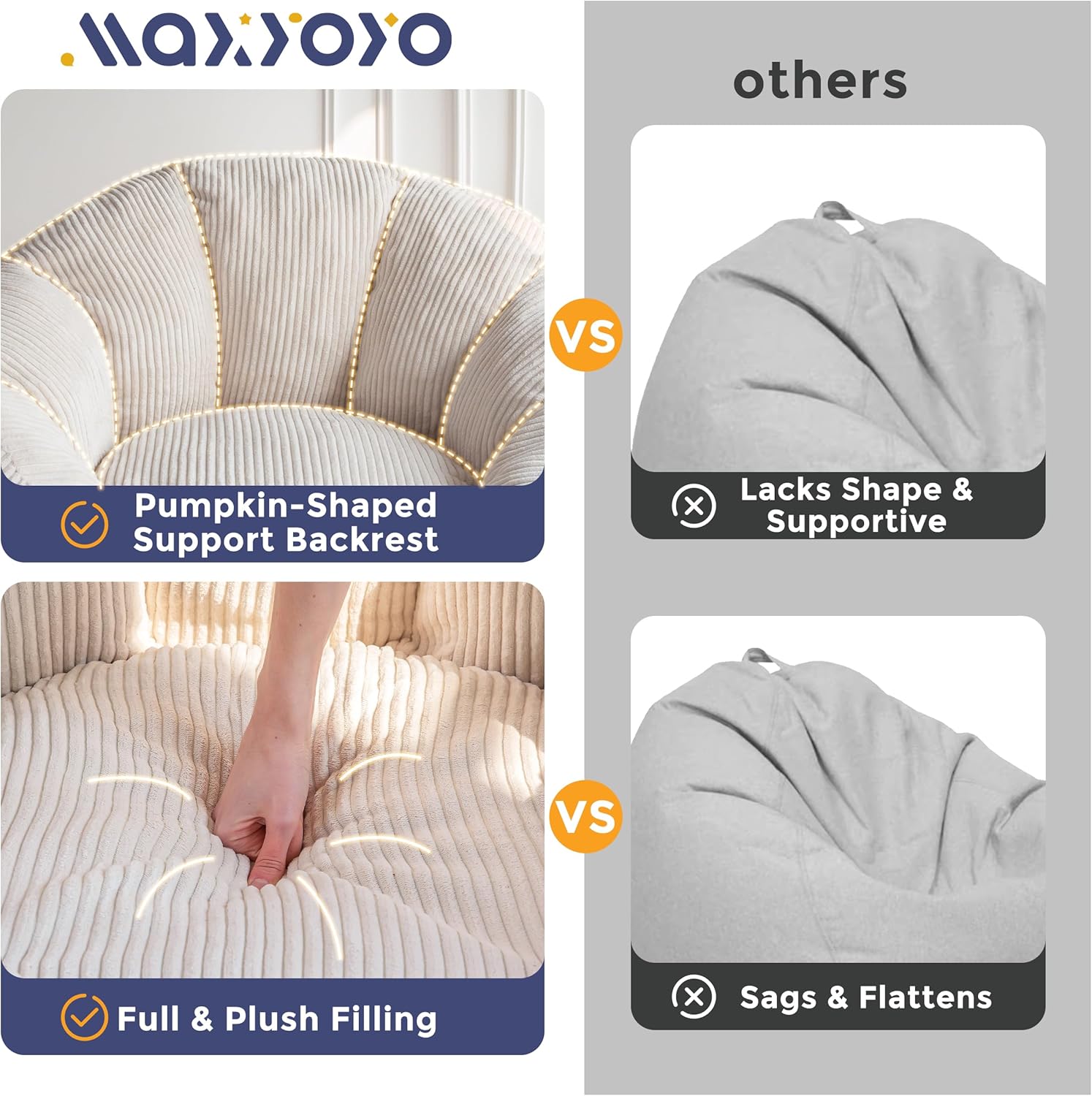 MAXYOYO Giant Bean Bag Chair with Ottoman, Pumpkin-Shaped Bean Bag Sofa with Footstool, Oversized Boneless Couch Chair in a Box, Comfy and Lazy Lounge for Dorm, Living Room, Bedroom, Beige