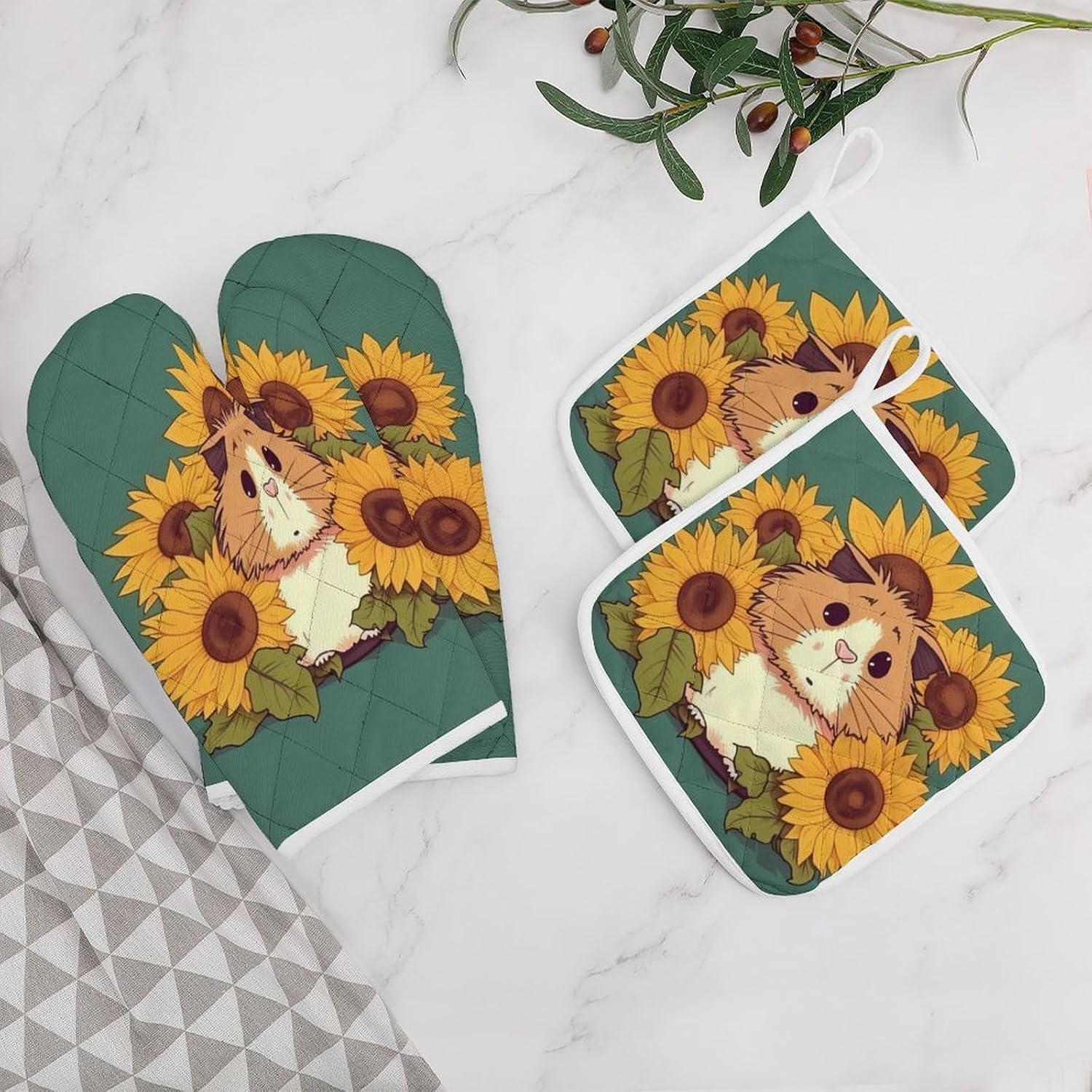4-Piece Oven Mitts and Pot Holders Set Sunflower Hamster Cartoon Printed Heat-Resistant Polyester Kitchen Gloves and Potholders Comfortable & Durable for Cooking Baking and Grilling