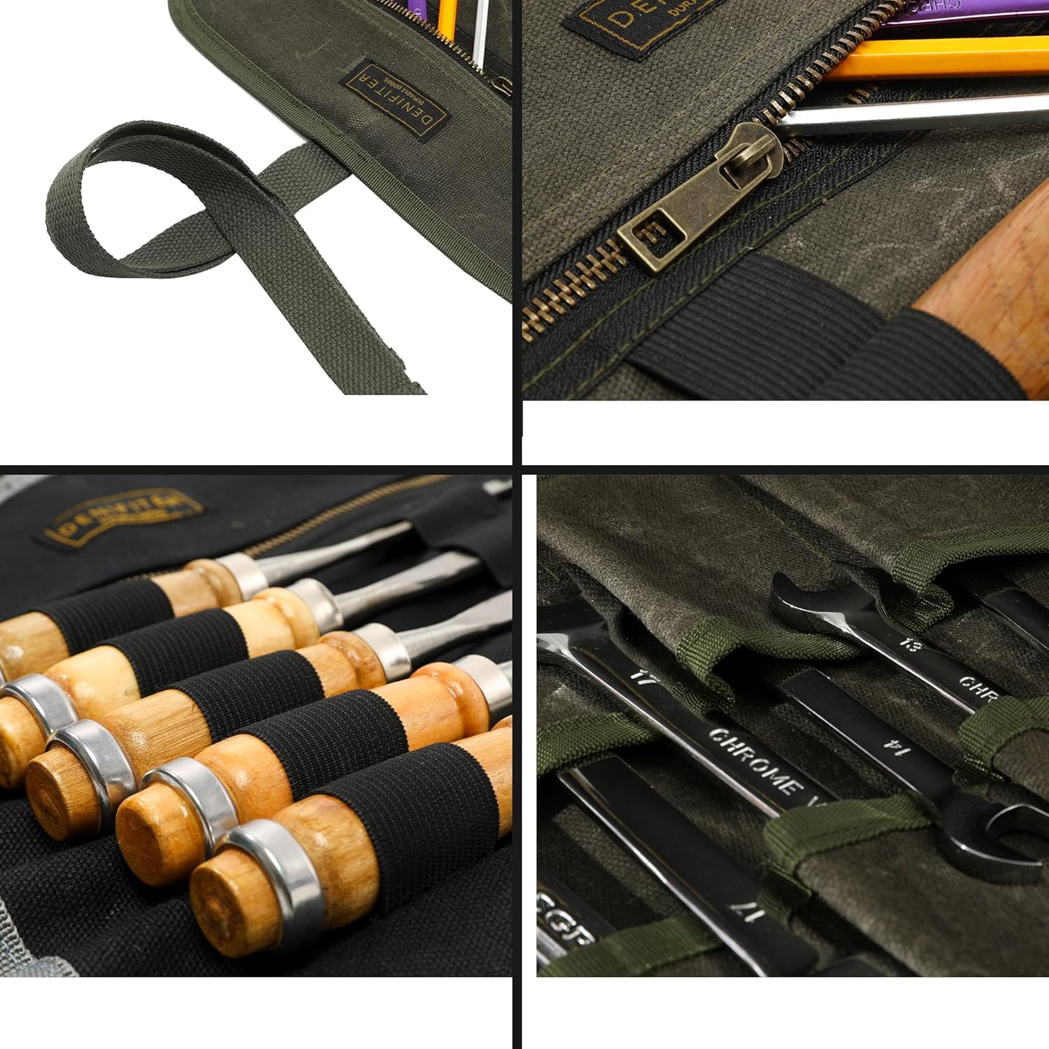 Waxed Canvas Multi-Purpose Waterpoof Tool Organizer Bags, Portable Carry On Pouch with 1 Small Detachable Tool pouch and 1 Zipper Pockets, 23.5" X 10.5"|ArmyGreen - Image 4