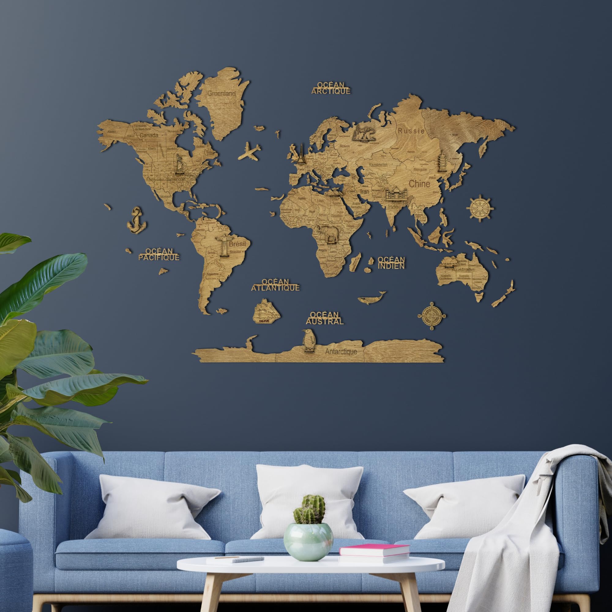 Hölzerne Weltkarte 2D für die Wand – Weltkarte Holz Wanddeko – Geschenk für Reisende (Dark, 100 x 70 cm)