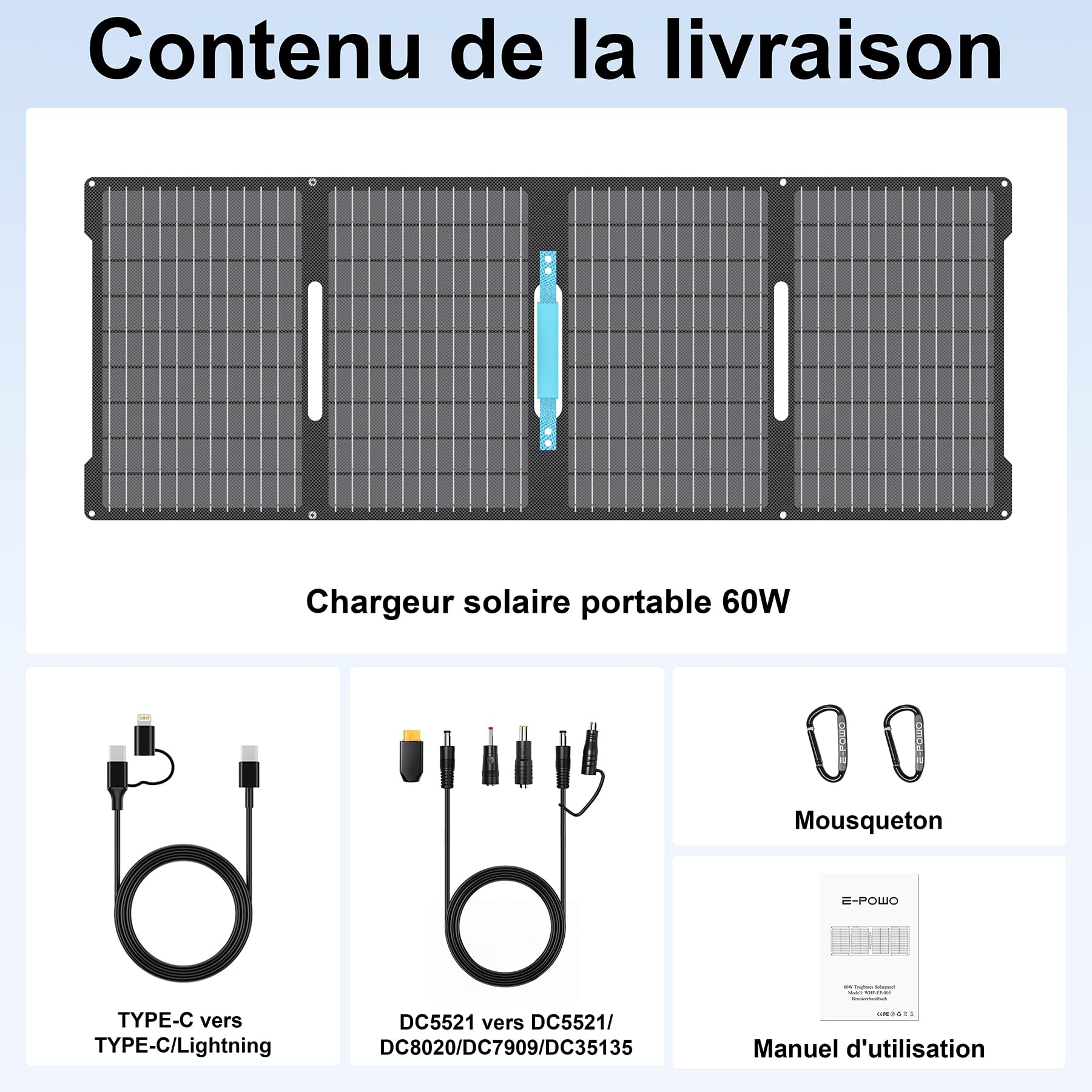 Składana ładowarka solarna 60 W, monokrystaliczna o sprawności 24%, wodoszczelność IP67, 3 wyjścia (USB-C PD, QC3.0, DC) na kemping – kompatybilna z laptopem, powerbankiem, smartfonem