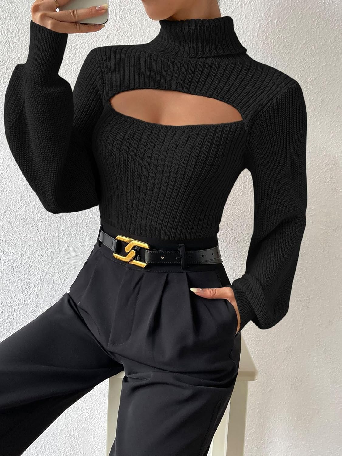 SISKIN Ribbed Long Sleeve Tops for Women Fitted Fall Pullover Sweaters Cut Out Turtle Neck Sweater Sexy Fall Outfits