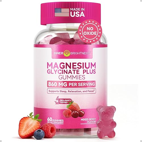 Glicinato de magnesio Plus gomitas de 860 mg, sin azúcar, sin OMG, sin gluten, gomitas de magnesio para adultos y niños, dormir, relajación