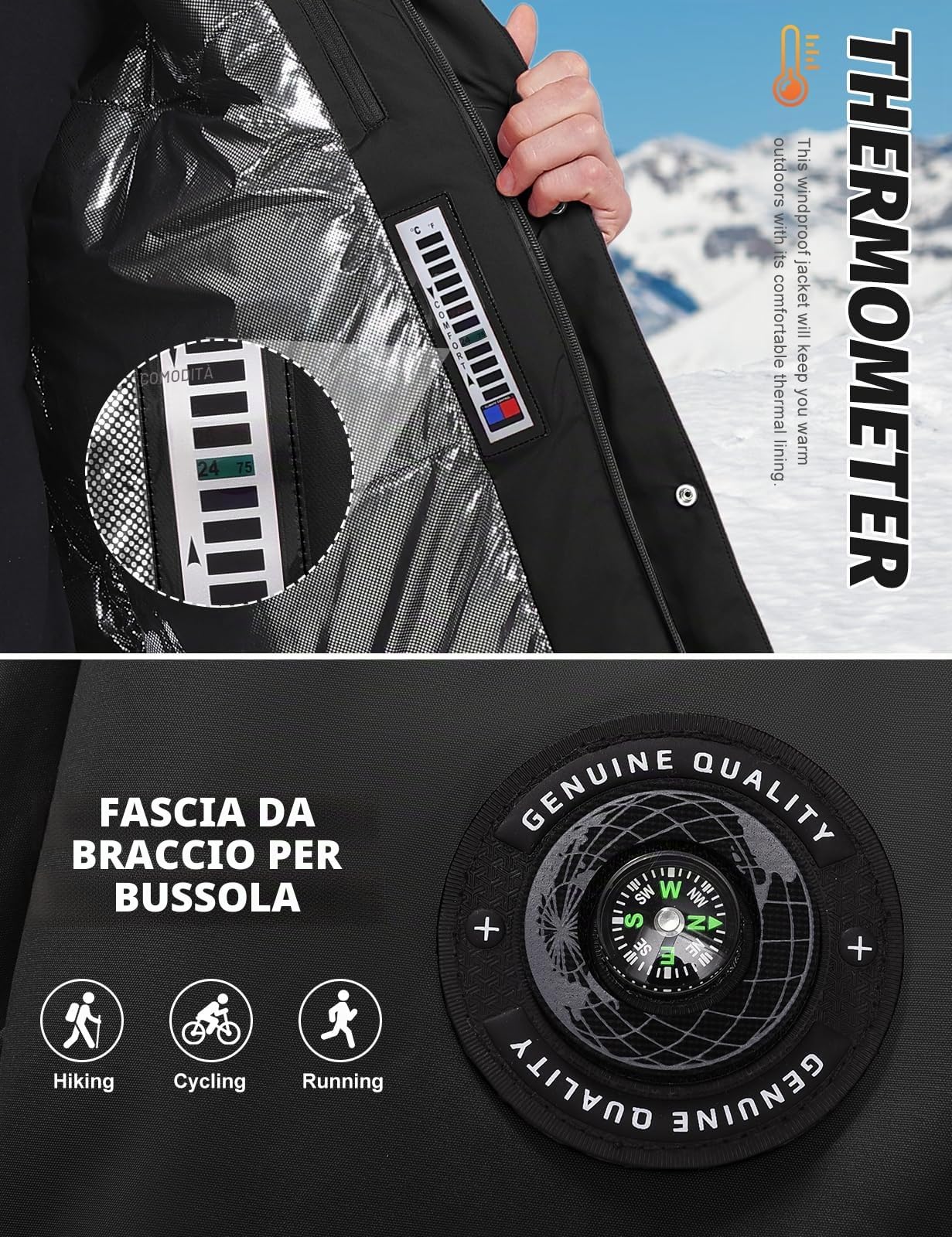 TOMEEK Giubbotto Invernale Uomo Impermeabile Giacca Antivento Cappotto Invernale Caldo per Uomo Tuta da Sci con Misurazione della Temperatura Cappuccio e Bussola