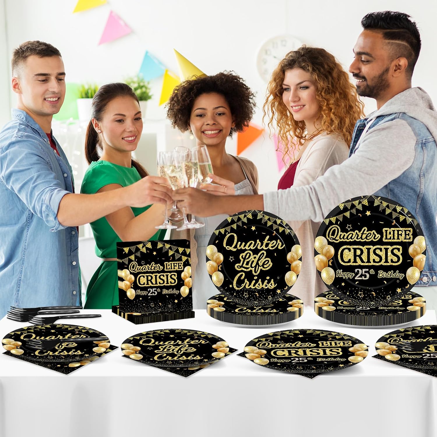 96PCS 25th Birthday Party Paper Plates and Napkins Set for Happy Quarter Life Crisis Cake Dessert Plates Disposable Supplies Black Gold 25 Year Old Theme Tableware Set for Men Women Party Decorations image 5
