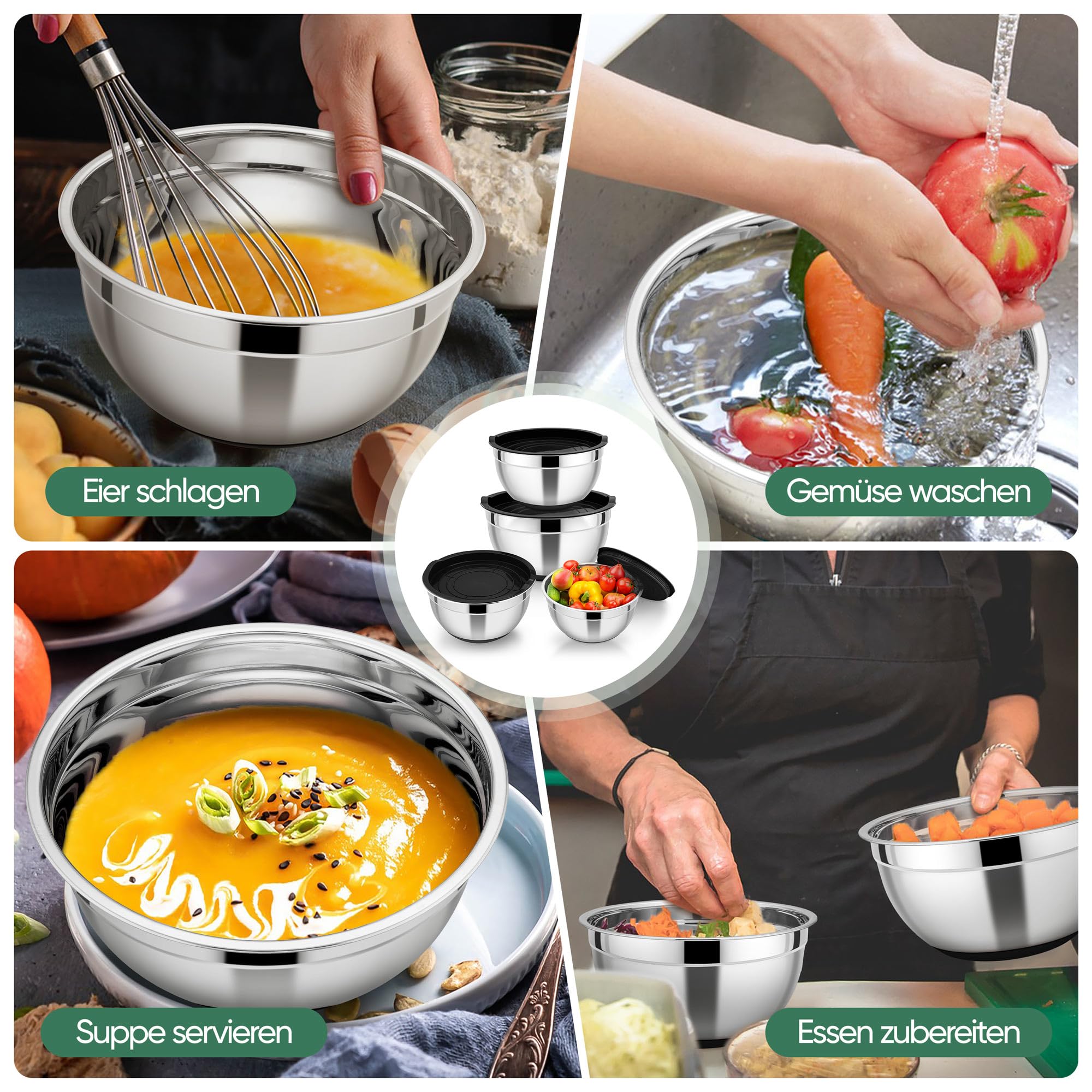 HaWare Lot de 4 saladiers en acier inoxydable avec couvercle hermétique et fond en silicone, idéal pour la cuisson, le stockage de la pâtisserie, empilables et lavables au lave-vaisselle, 4,6 l/2,8 l