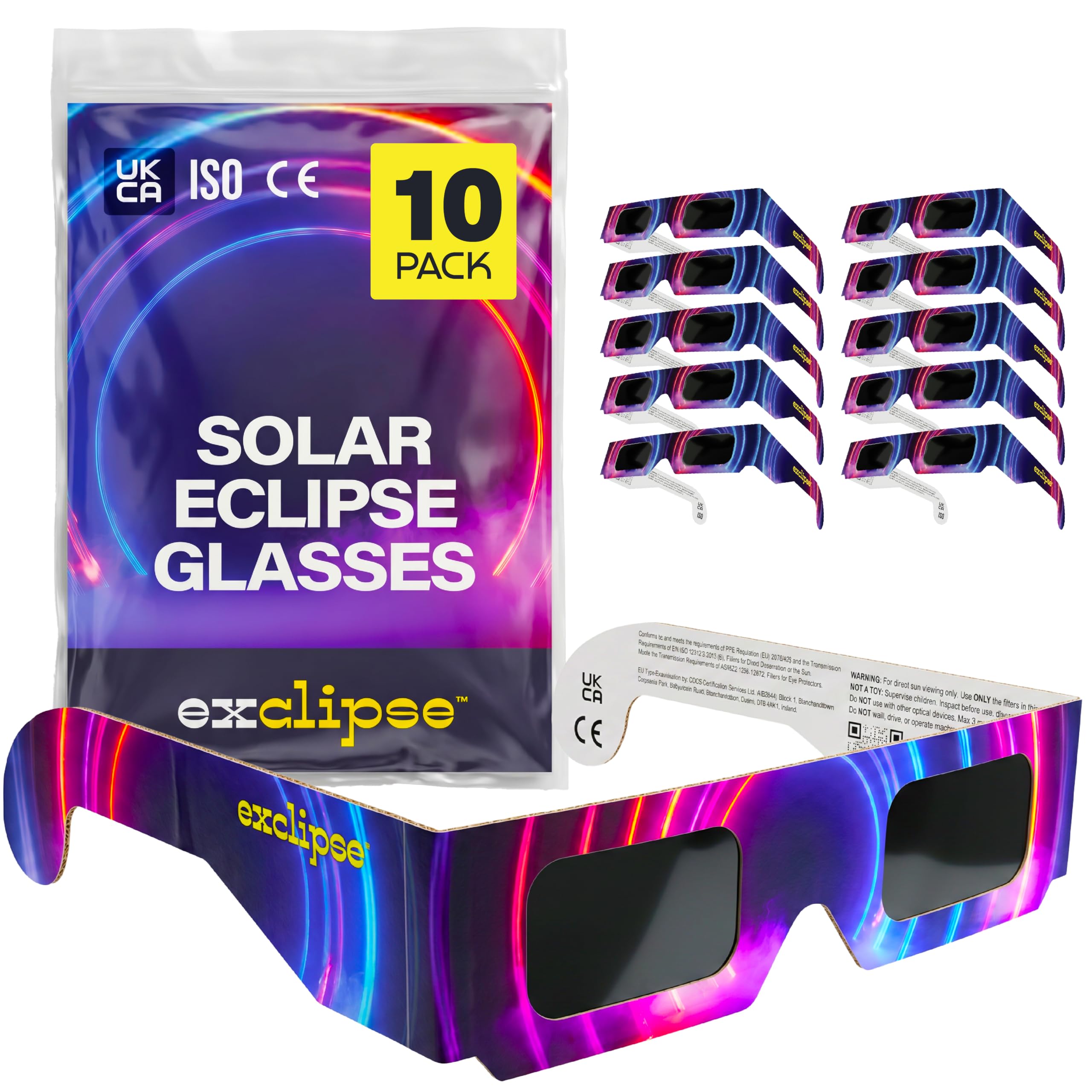 exclipse Solar Eclipse Glasses 10 Pack – ISO 12312-2 & CE & UKCA Certified Safe Sun Viewing Glasses, Direct Solar Observation, Eclipse 2026 Viewing, Bulk Pack