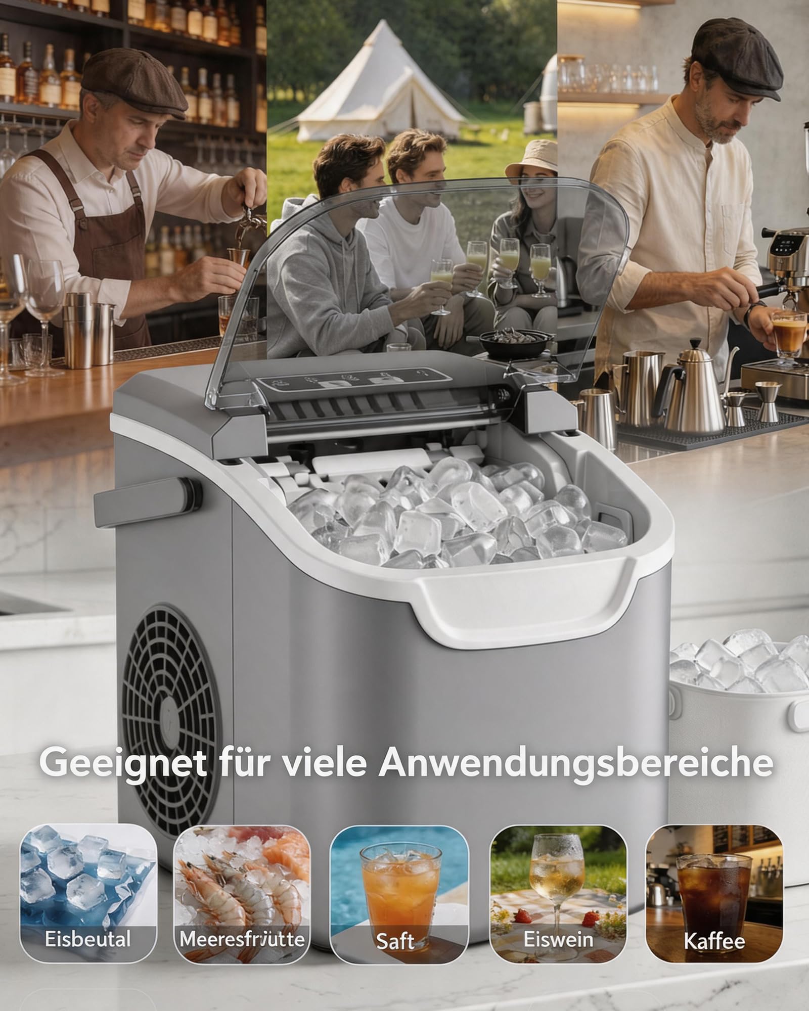 Kismile Macchina per cubetti di ghiaccio per piano di lavoro, 8 cubetti di ghiaccio in 6 minuti, 11,8 kg/24 ore, altamente efficiente, portatile, con maniglia, cestino e pala, cucina e ufficio, grigio