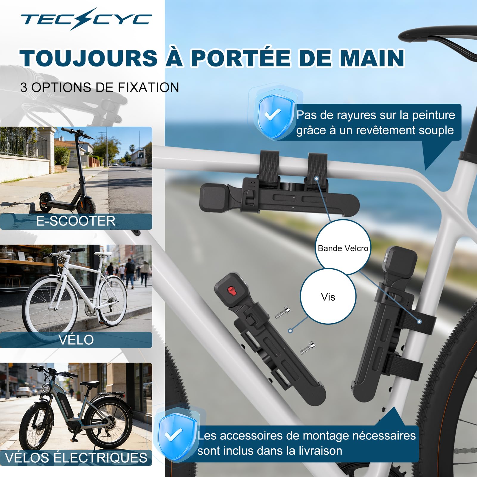 TECHCYC Antivol Vélo Pliable 90cm | Certifié ART avec Compartiment GPS | Acier Trempé | 3 Clés Incluses | Fixation Silencieuse Sans Cliquetis | Compatible Vélo électrique, VTT, Moto et Trottinette