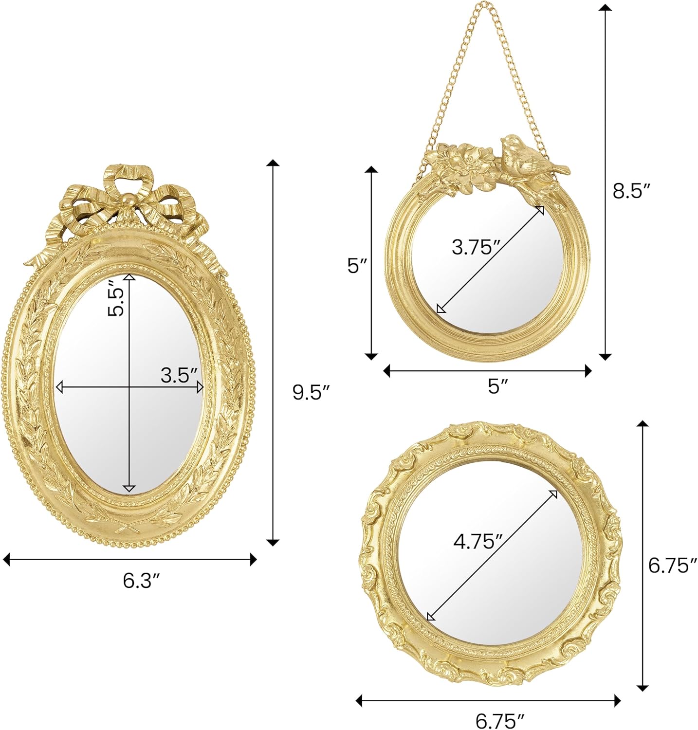AELS 3 Pack Small Antique Gold Mirror Wall Decor, Wall Hanging Mirror, Luxury Home Decor, Vintage Wall Mirror, Small Decorative Mirrors for Living Room Entryway Bedroom, Bird Bow