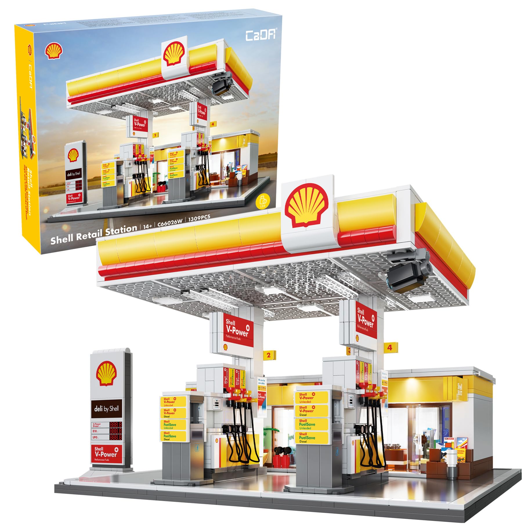 CaDA Shell Retail Garage Petrol Station - 1309 Pieces - Self-Build Brick Building Block Model C66026W