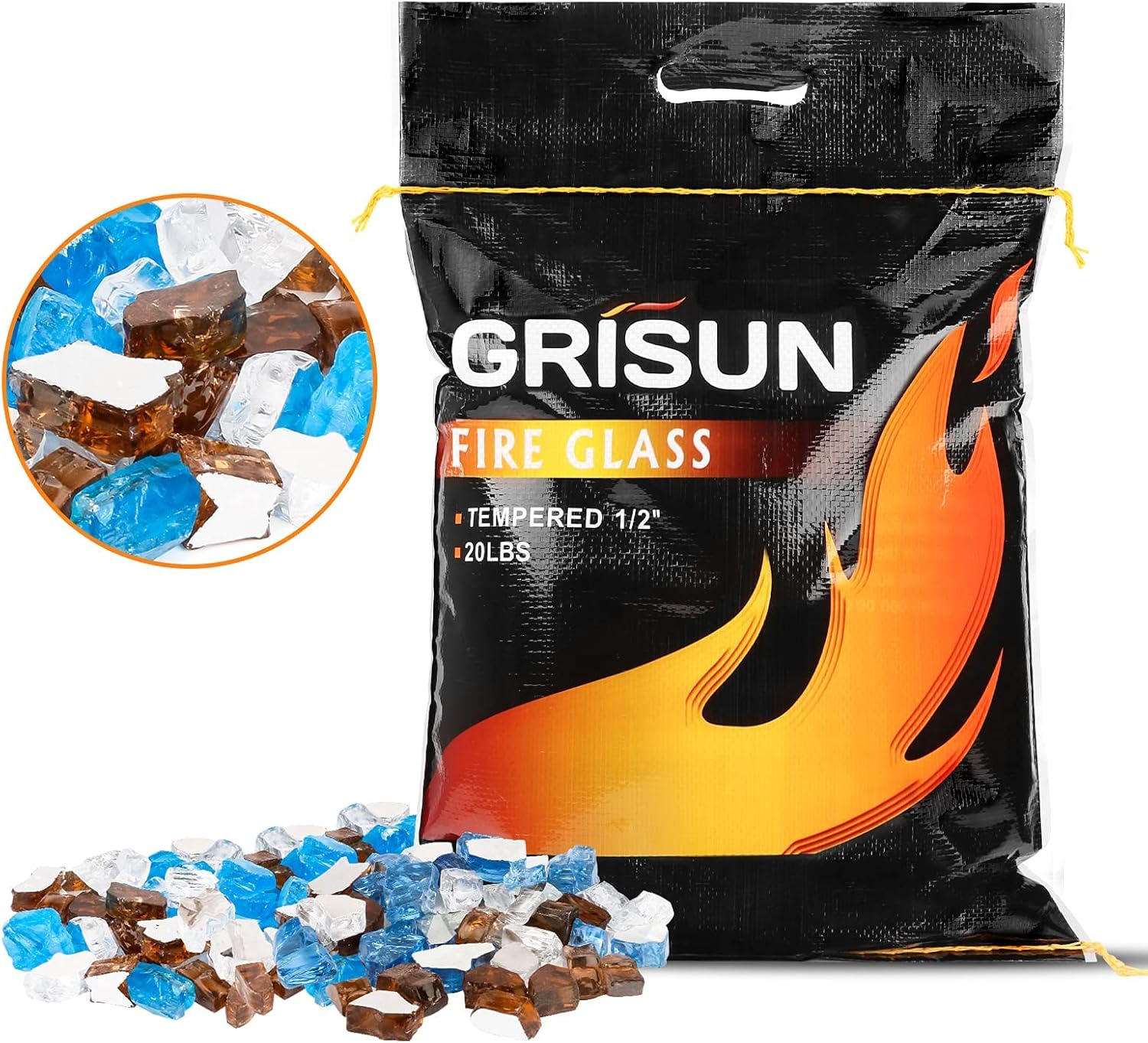 GRISUN 30 Pounds Blended Fire Glass for Fire Pit - 1/2 Inch High Luster Reflective Tempered Glass Rocks for Natural or Propane Fireplace, Safe for Outdoors and Indoors Firepit, Copper, Blue, White