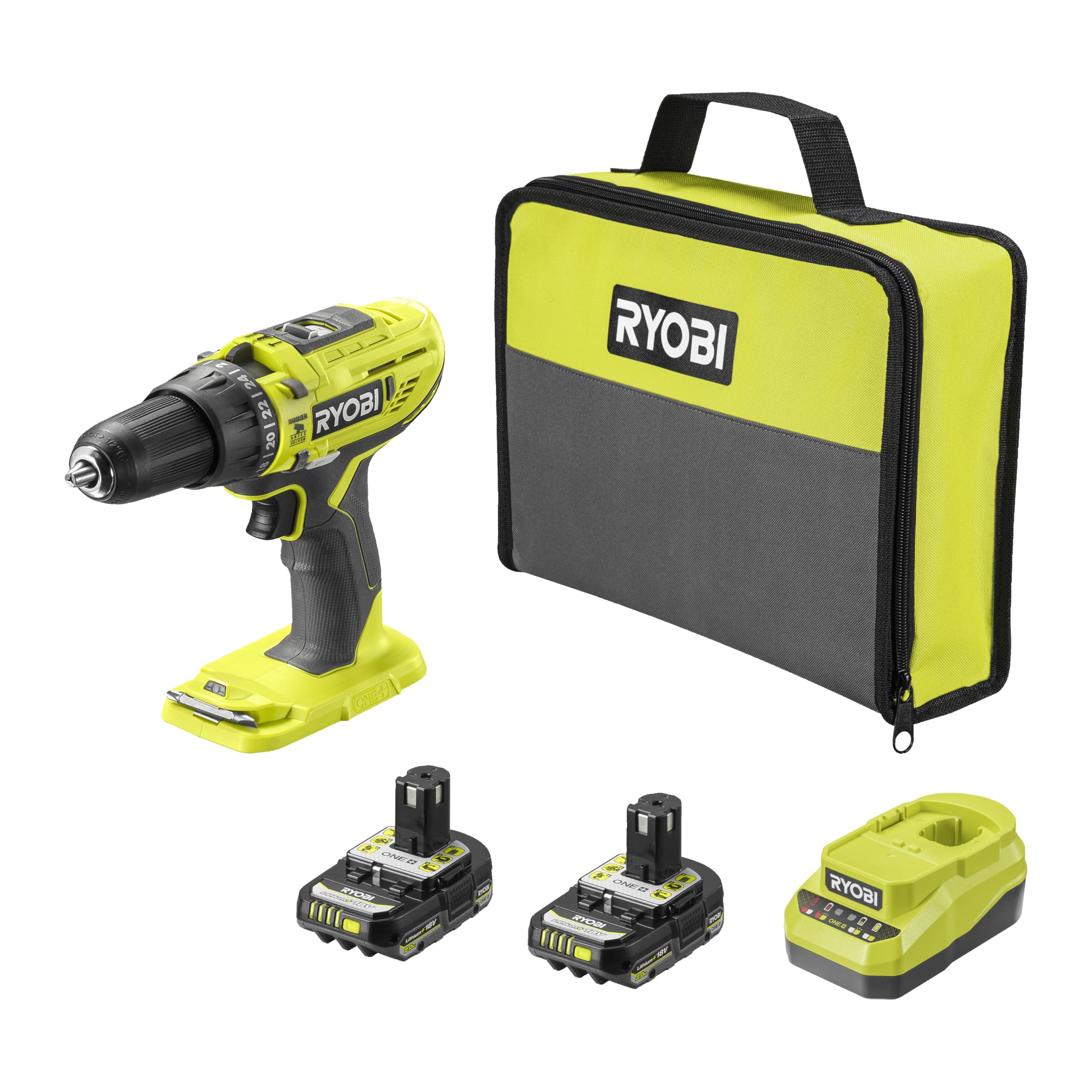 Ryobi Trapano a Percussione 18V con 2 Batterie 2.0 Ah, Caricabatterie, Set Inserti e Borsa, Coppia 50 Nm, Mandrino 13 mm, 2 Velocità, Compatto e Potente, R18PD32-2C20SP