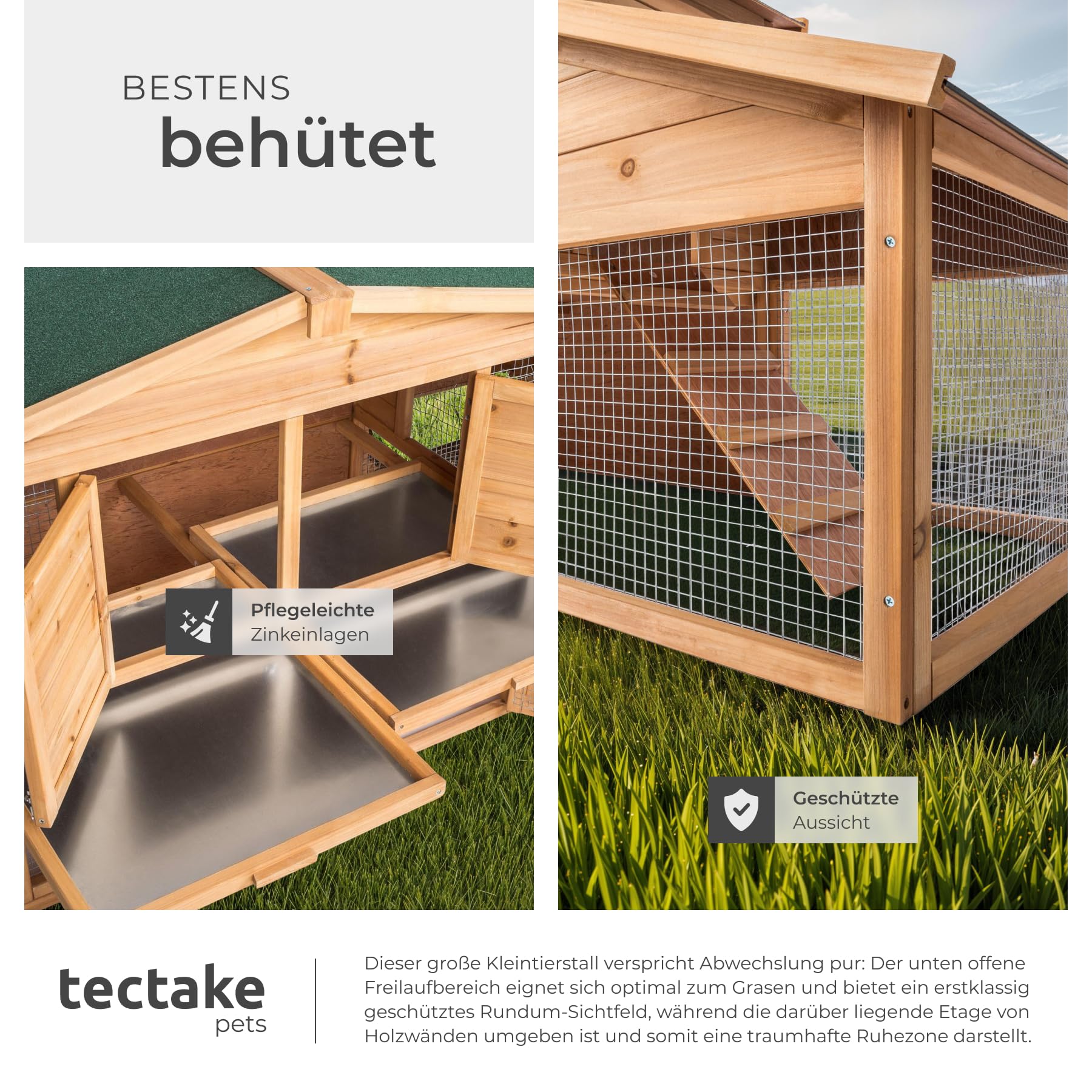 tectake® XXL Kleintiergehege, Freilaufgehege mit Haus, Hasenstall mit Laufgitter, Meerschweinchen Gehege, Mäusekäfig, Kaninchenhaus 2 Etagen, Nagerhaus mit 2 Rampen, 226 x 77 x 95,5 cm