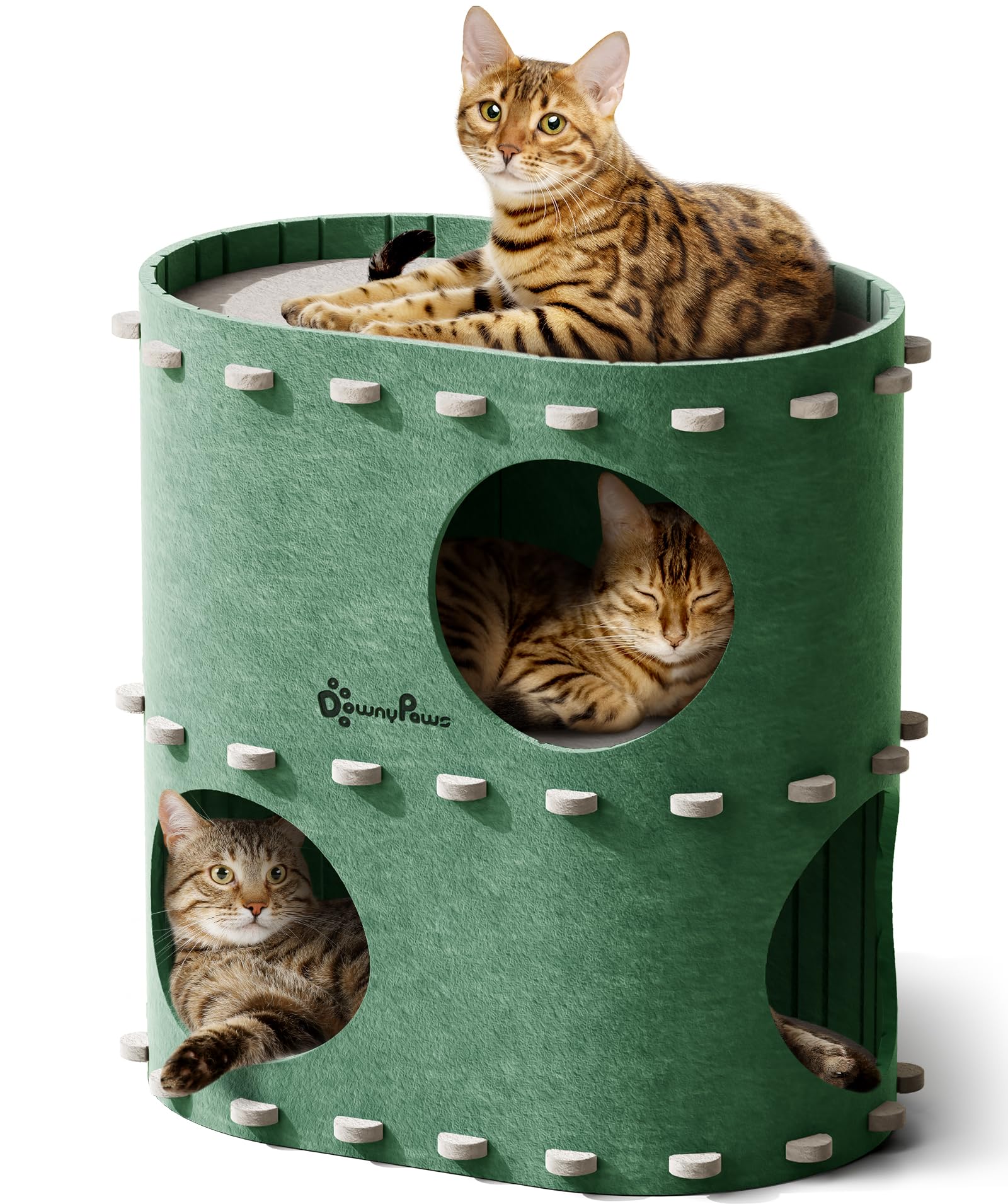 DownyPaws Cat House for Indoor Cats, 2-Storey Cat Bed Cave, Felt Cats Tunnel Bed Condo, Castle Kitten Cube Hideaway for Multicats, Scratch Resistant, Green