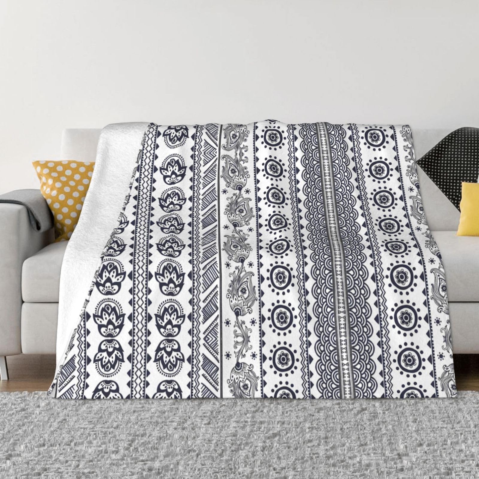 Couverture micro polaire flanelle PHAYAH 152x203 cm motif toile de Jouy pour lit et canapé
