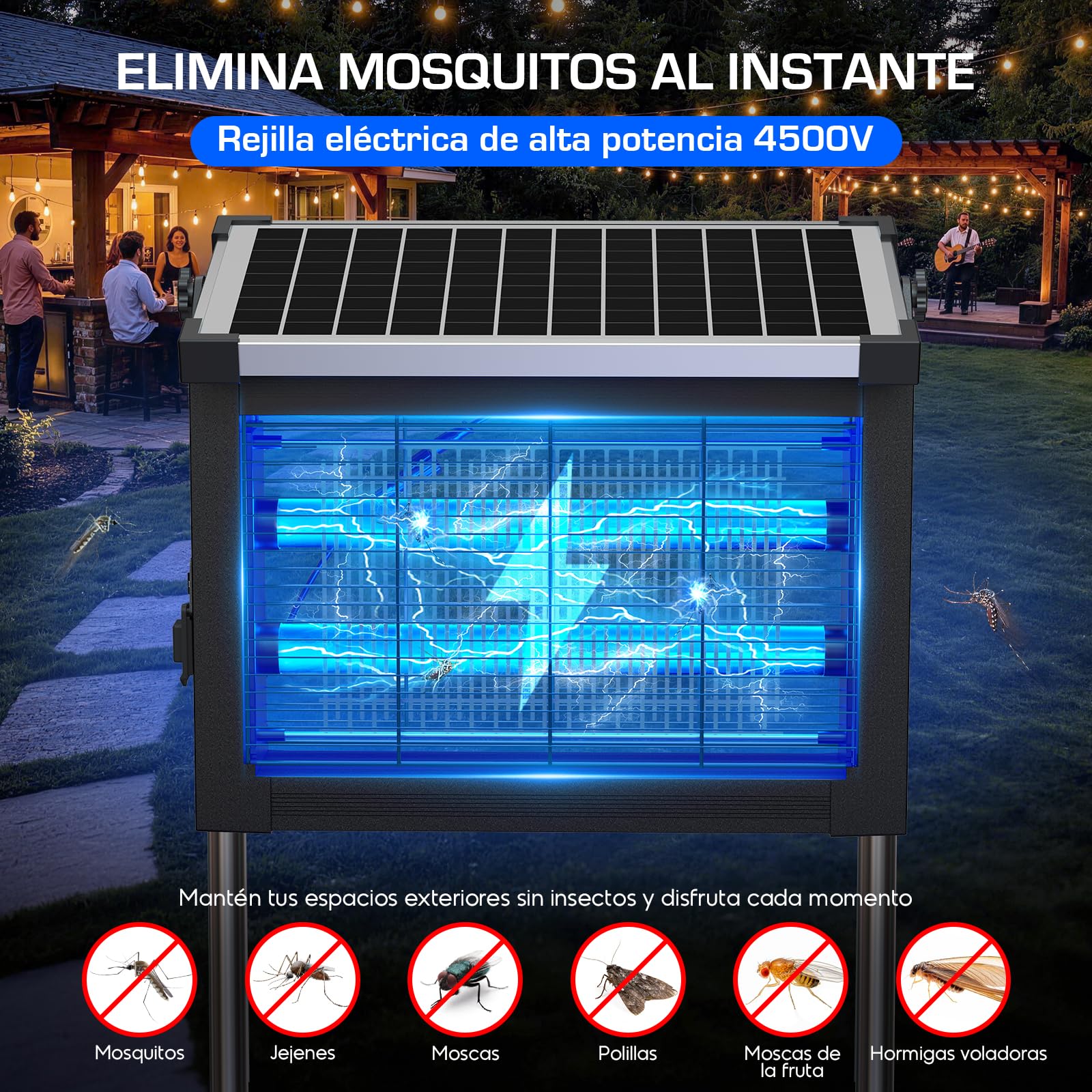 Lámpara Antimosquitos Solar 4500V, Mata Moscas Eléctrico Exterior con Sensor en el Panel, Anti Mosquitos Impermeable, Ideal para Patio, Jardín y Camping (Negro)