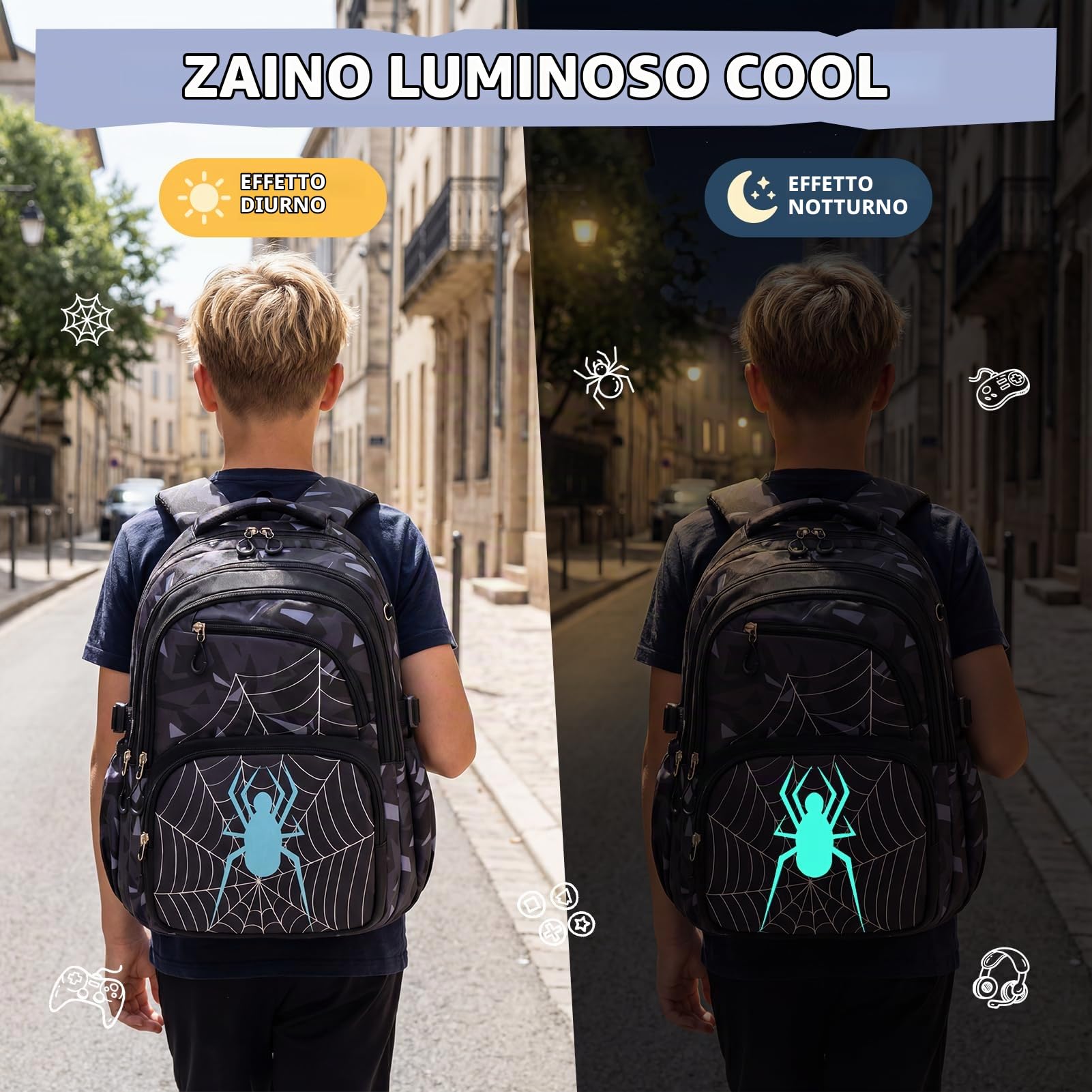 Zaino Scuola Elementare Bambino Fosforescente, Zaini Grande per Ragazzi Adolescenti, Zaino Medie Ragazzo Casual Traspirante e Impermeabile da Viaggio, Nero