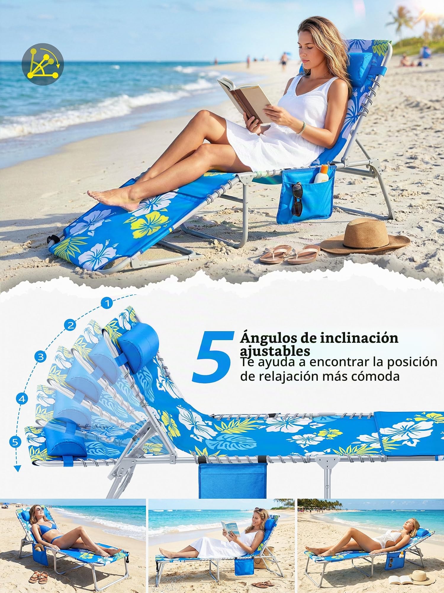 LanBlu Tumbona Playa Plegable con Apertura para la Cara, 3en1 Tumbonas Jardin Exterior con Almohada&Bolsillo Lateral, 5 Posiciones Regulables Tumbona Plegable, Hamacas Jardin Tumbonas para Campamento
