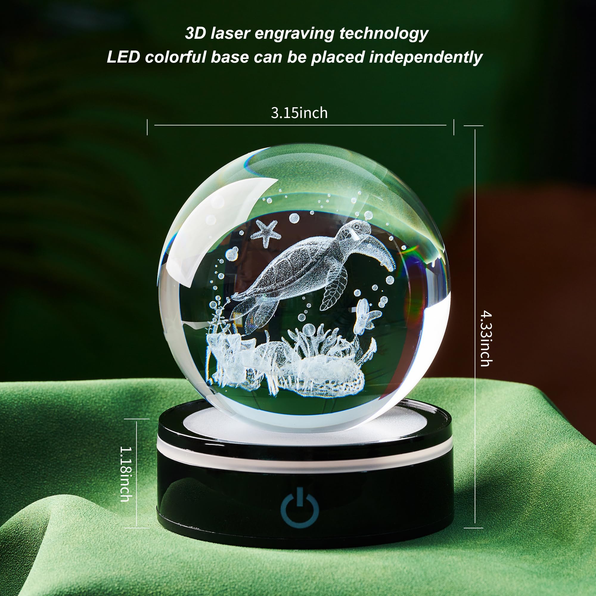 3D Sea Turtle Crystal Ball Figurine with LED Base Laser Ocean Figurines Lover​​ Gifts for Women Men on Christmas Birthday Decorative Ball Sea Turtle Glass Globe Night Light for Room Decorations Crafts