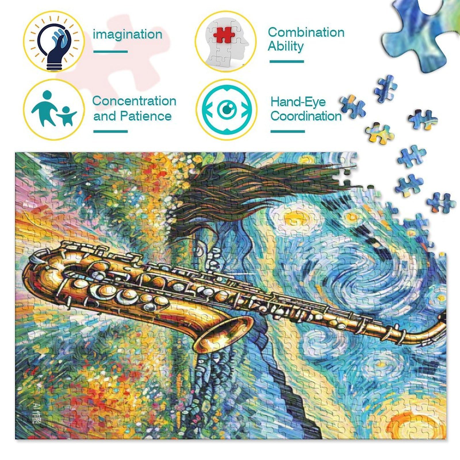 Saxofon Puzzle 1000-częściowe ciężkie puzzle, zabawka edukacyjna, imponujące wyzwanie, zabawka dla dorosłych i dzieci w sprawdzonych wymiarach 70 x 50 cm/1000 szt