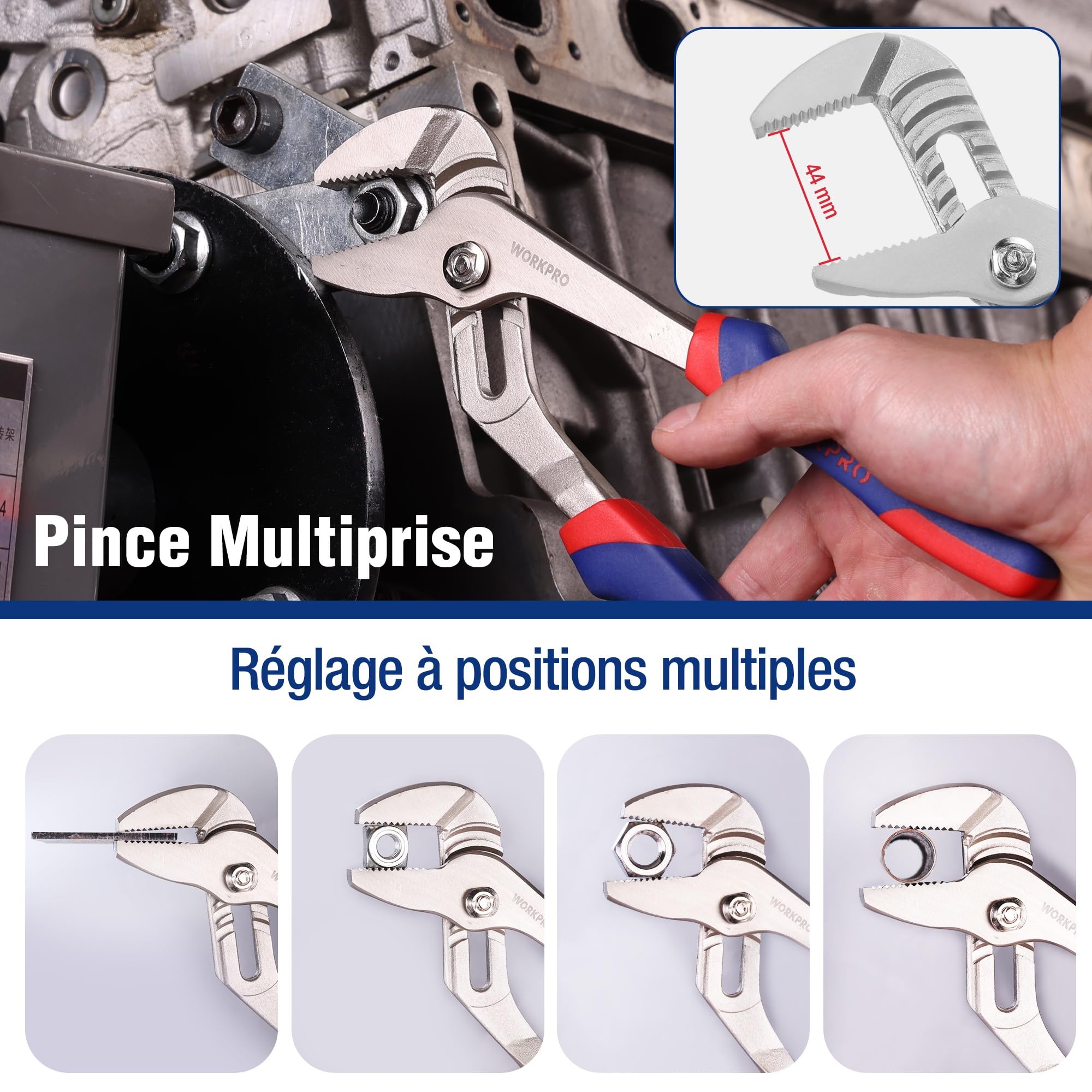 WORKPRO Jeu de Pinces en Cr-V Pince Multiprise, Pince Universelle, Pince Coupante, Pince à Bec Long et Clé à Molette pour Réparation Domestique ou Utilisation du Travail 5 Pièces