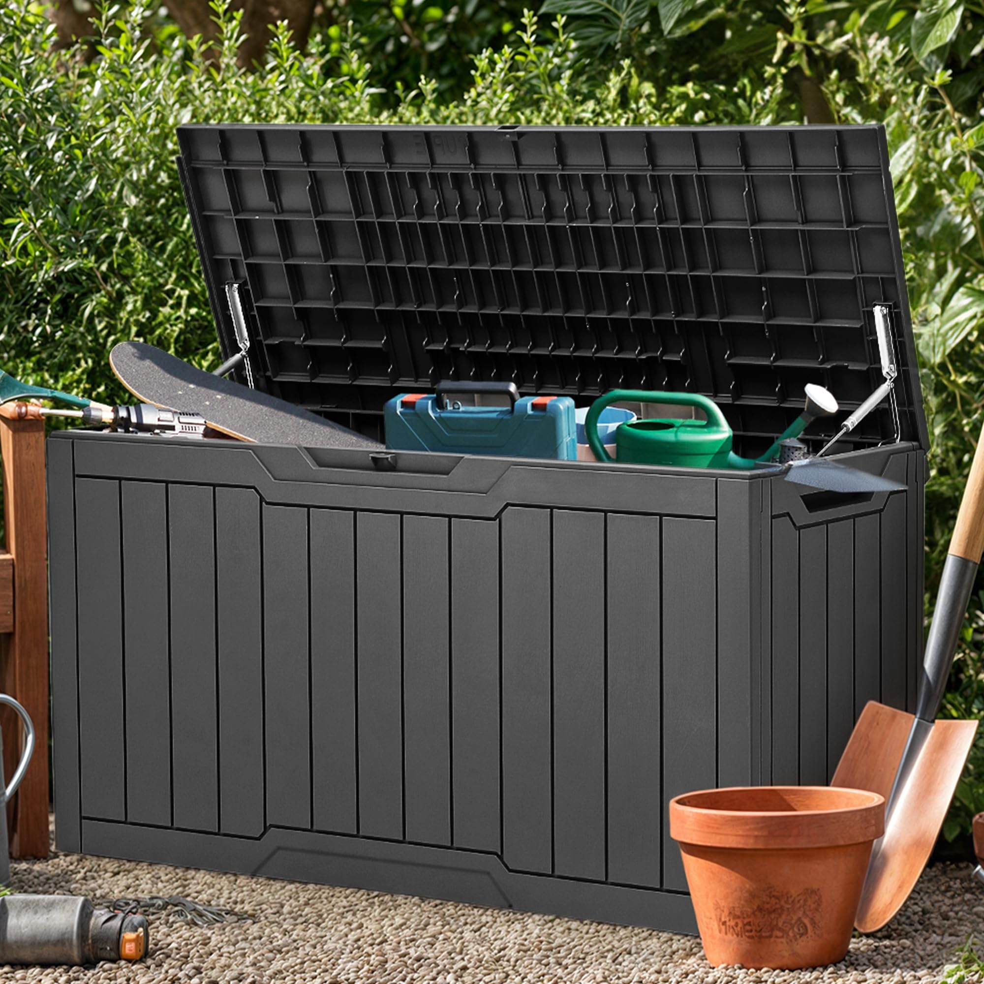 YITAHOME 100-Gallonen-Harz-Terrassenspeicherbox, wetterbeständige Outdoor-Speicherbox, abschließbare Innen- und Außenlagerung für Vorräte und Lebensmittel, dunkelgrau