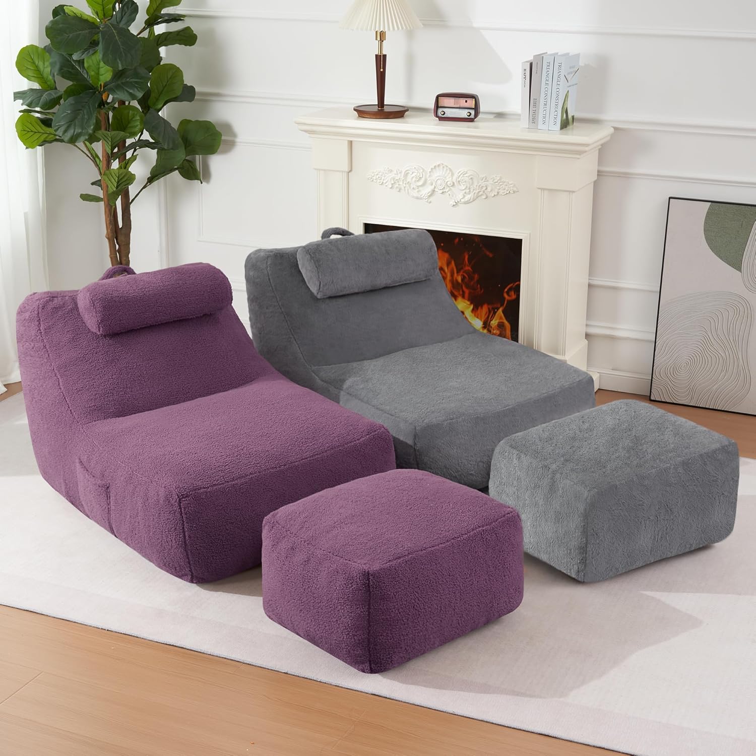 HABUTWAY Giant Bean Bag Chairs for Adults with Ottoman&Storage Pocket, Big BeanBag Chair Large Bean Bag Couch with Memory Foam Filled, Soft Faux Fur Bean Bag Sofa for Living Room(TEDDYPURPLE) - Image 9