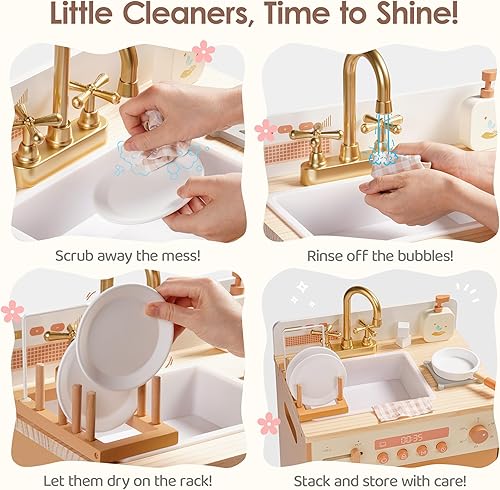 Miniatura 2 de ROBOTIME Fregadero de madera para lavavajillas de juguete, juguete de cocina de caramelo con grifo dorado, perillas giratorias, escurridor de