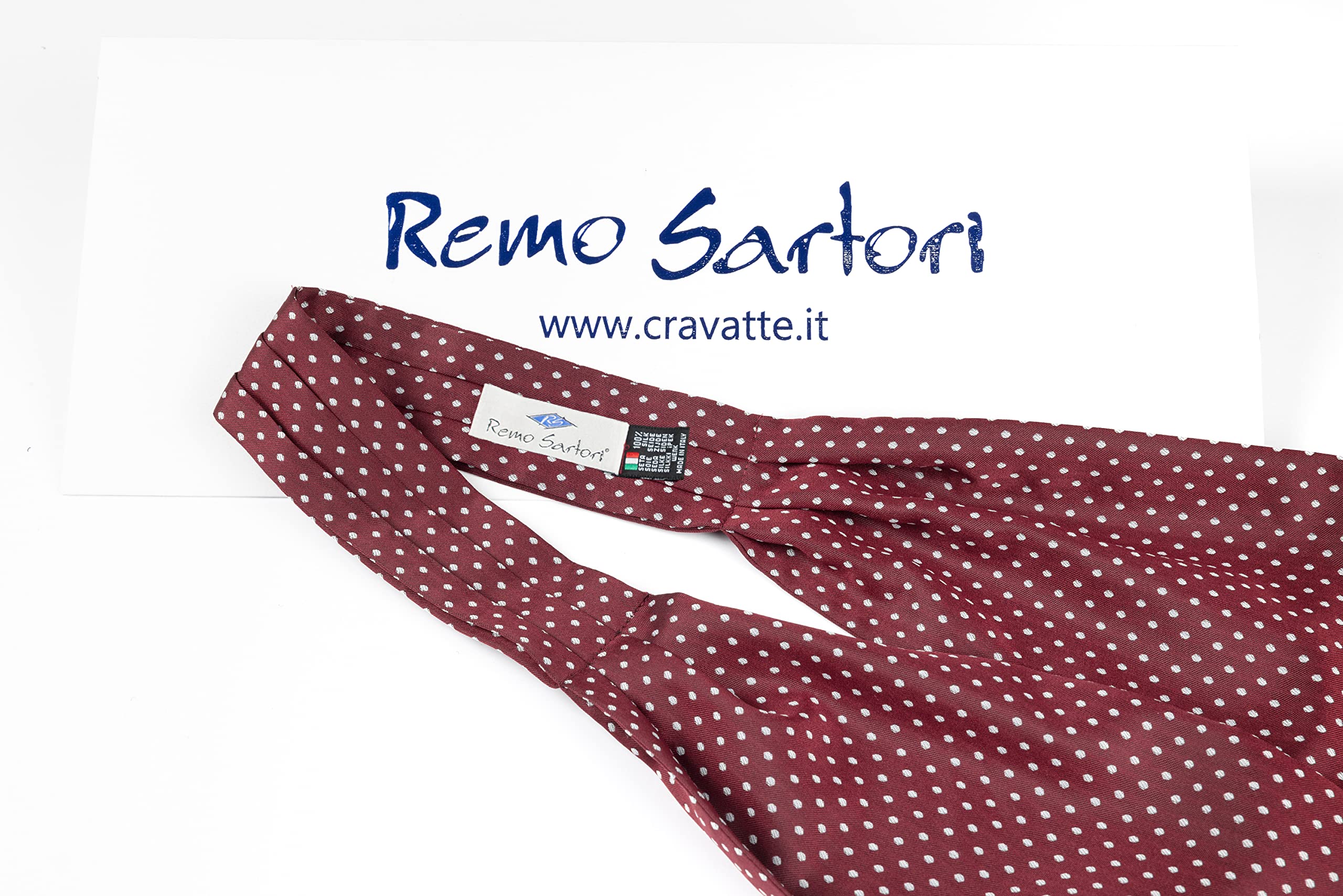 Remo Sartori - Ascot Doppia Pala in Seta Jacquard a Pois Bianchi, Made in Italy, Uomo