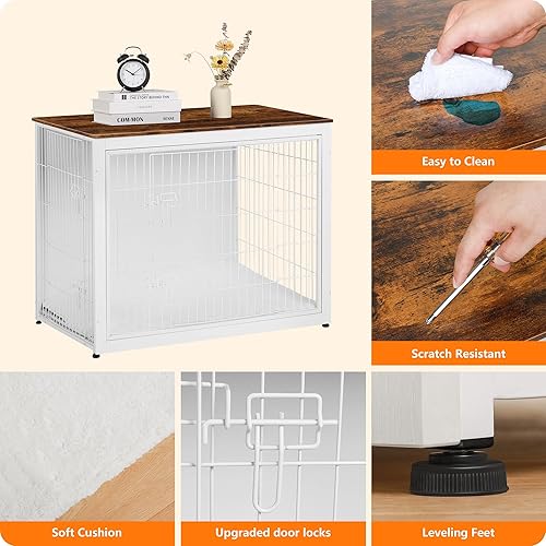 Vista 44 de DWANTON Mueble de jaula para perros con cojín, caja de madera para perros con puertas dobles, muebles para perros, perrera de interior, mesa Negro