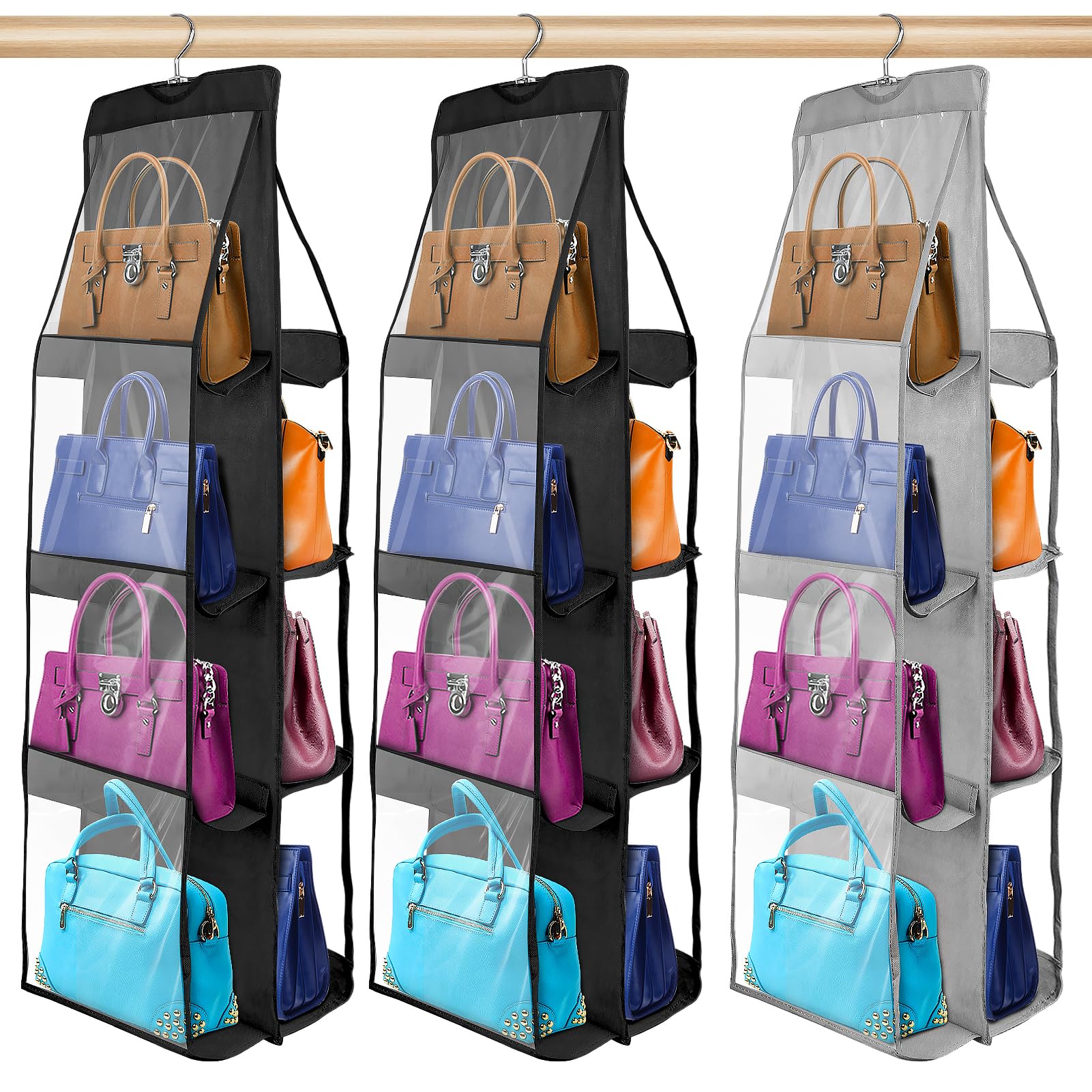 FACULX3 Pack Hanging Purse Organizer for Closet, 8 Pockets Handbag Purse Holder for Closet Foldable Shelf, Upgrade Dust Proof Purse Organizer Closet with Metal Hooks,41L*13.5W (2Black, 1Gray)