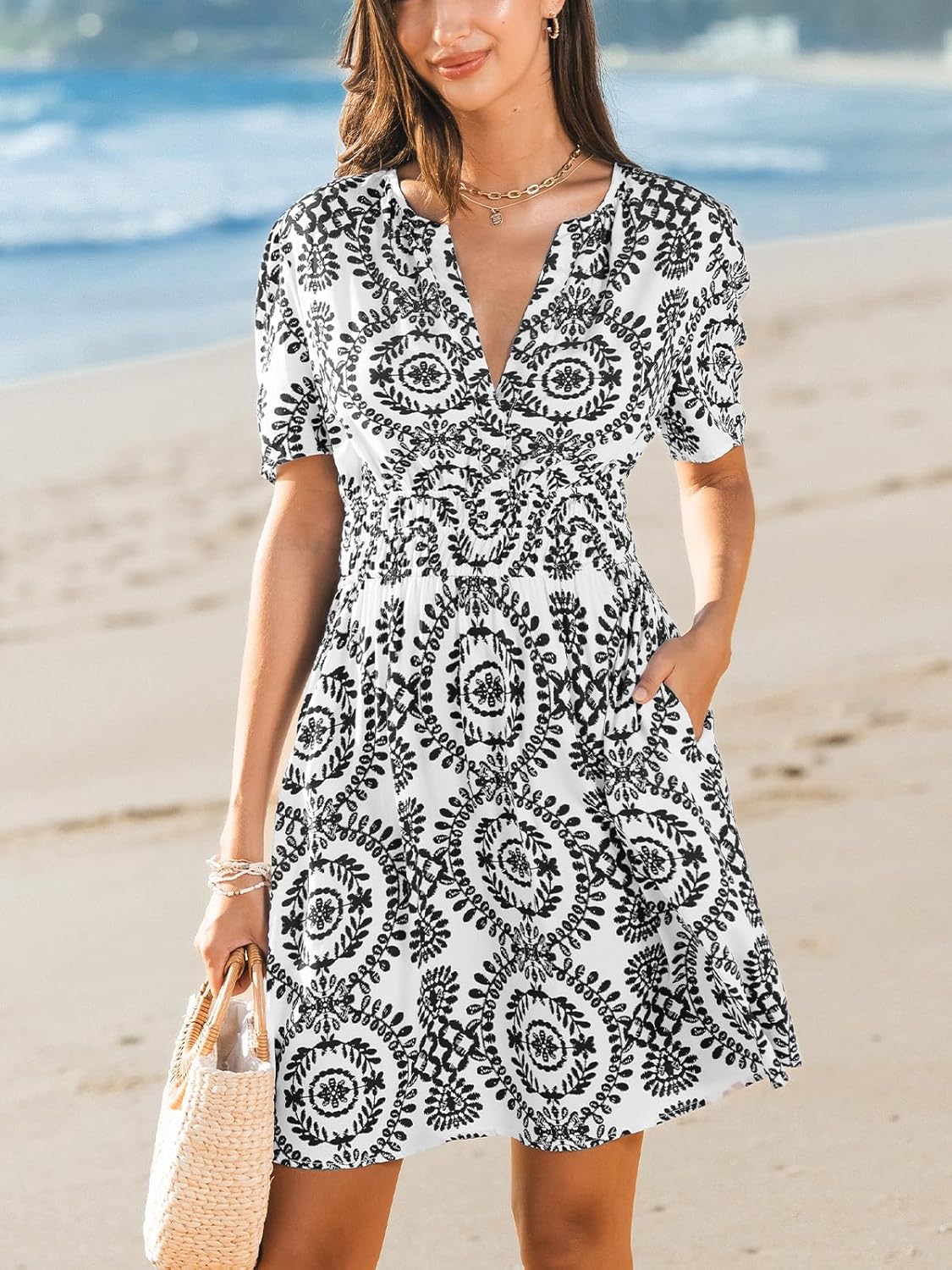 CUPSHE Womens Summer Dresses 2025 V Neck Short Sleeve Flowy A-line Beach Vacation Dress with Pockets - Image 6