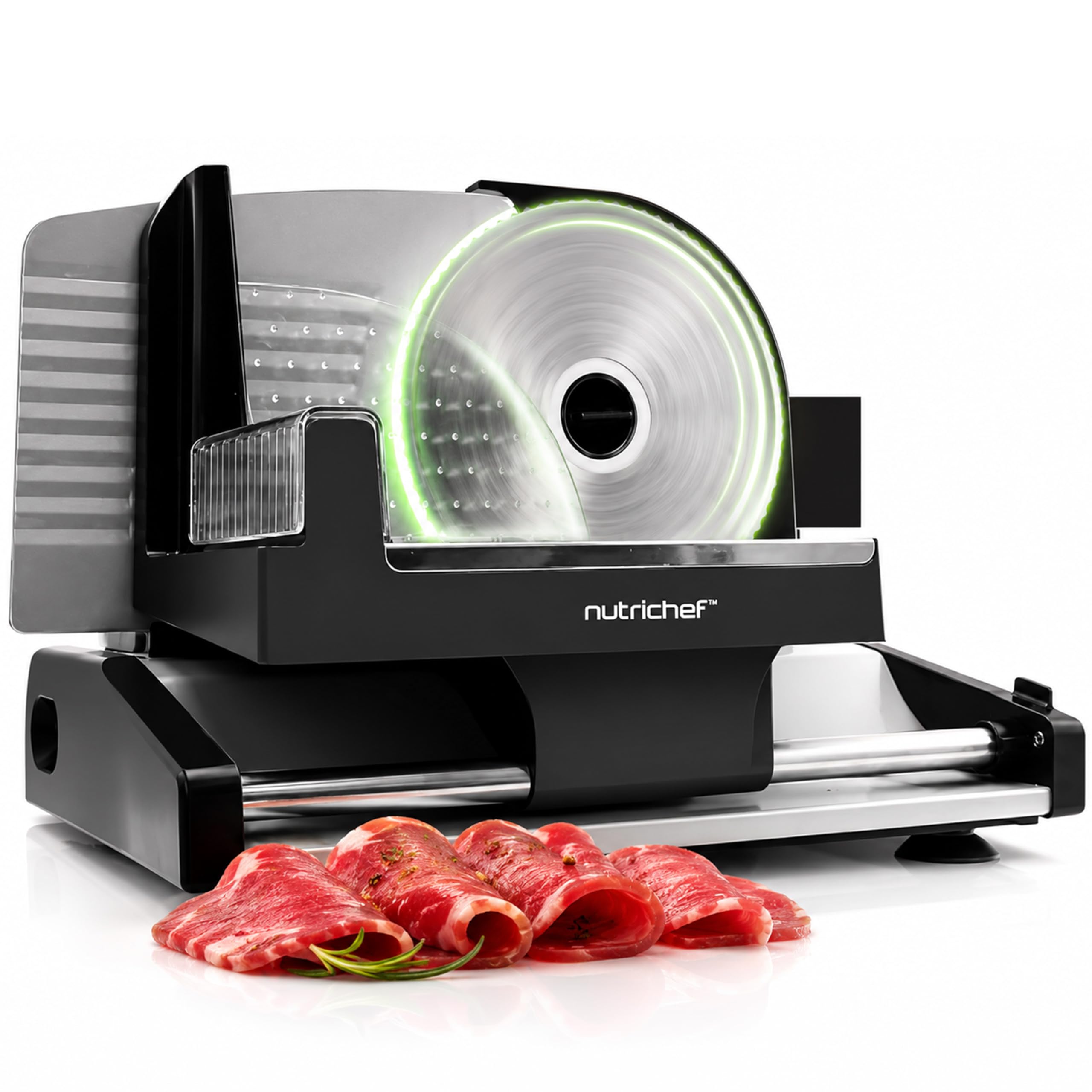 NutriChef Affettatrice Elettrica da Casa 200 Watt, Affetta Carne, Cibi, Affettatrice Salumi e Pane, Spessore Regolabile 0–15 mm, Lama in Acciaio Inox 19 cm Rimovibile, Pressatore di Sicurezza, Nera