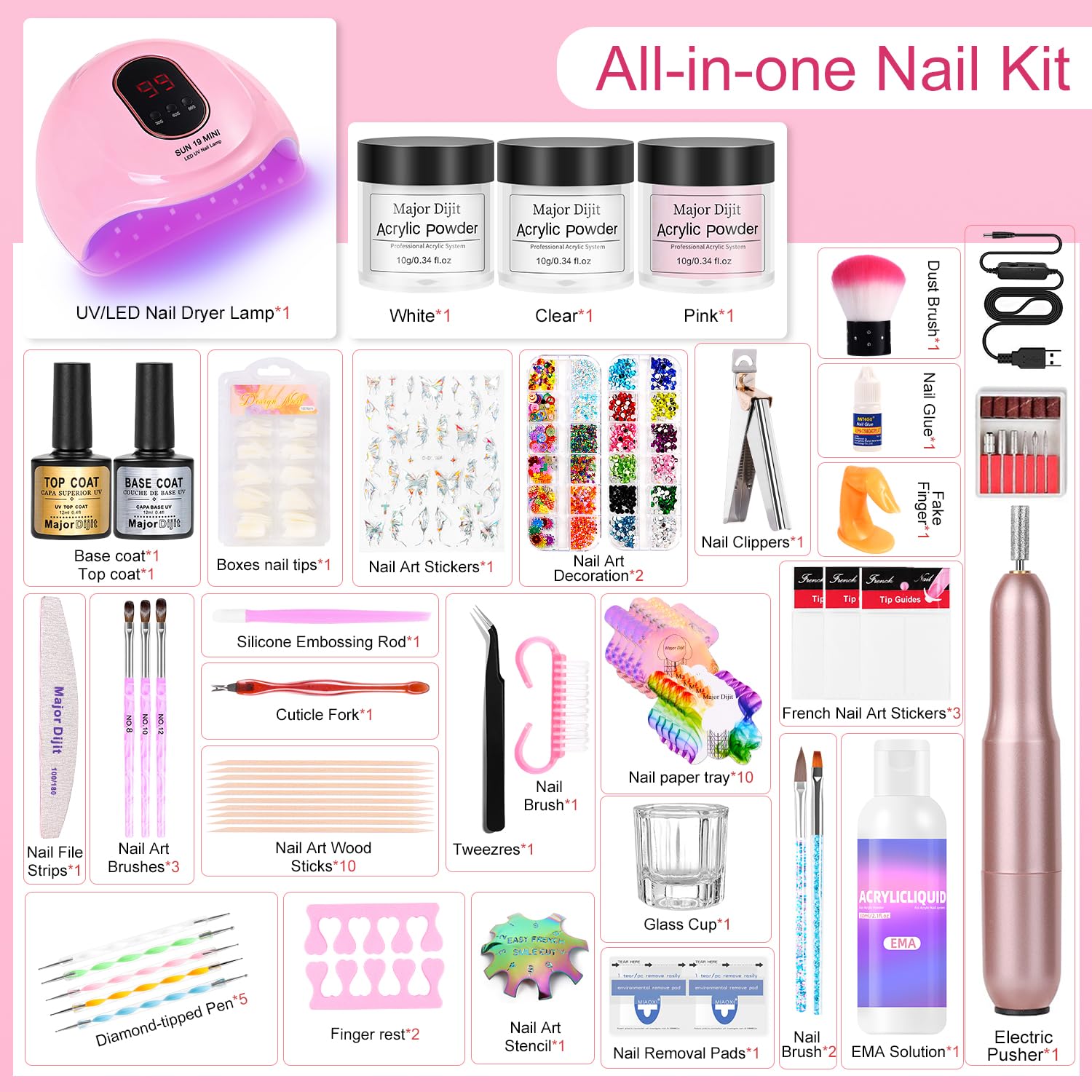 Major Dijit Acryl Nägel Starterset mit UV Lampe Acryl Nagel Set für Anfänger – Acrylpulver, Nagelfeile Nägel Selber Machen Set für luxuriöse Maniküre daheim, Pink Kosmetiktasche, Salonqualität