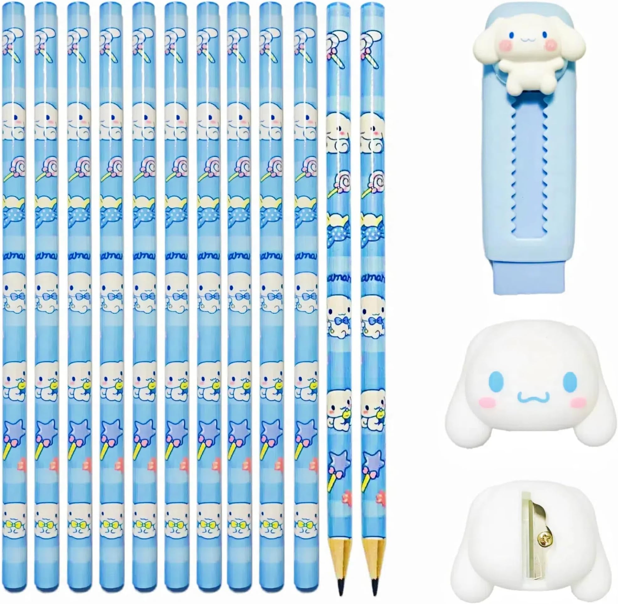 14 Pcs Kawaii Stationery Set, cute pencil set Includes 12 kawaii HB pencils, 1 cartoon pencil sharpener,1 cute retractable rubber eraser, perfect for School, Students, Kids, and Office use (Blue)