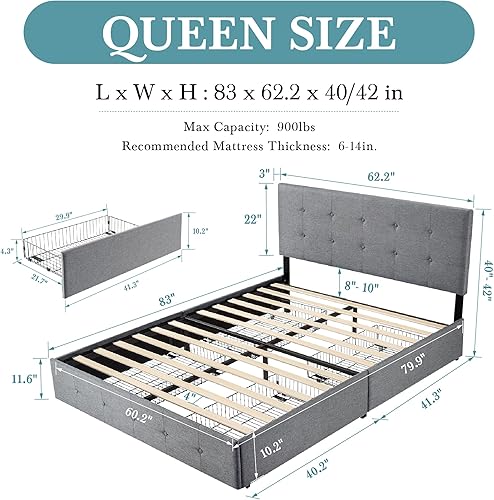 Miniatura 101 de HOOMIC Base de cama de almacenamiento de plataforma de tamaño matrimonial con 4 cajones y cabecera ajustable, listones de madera, no necesita Negro,