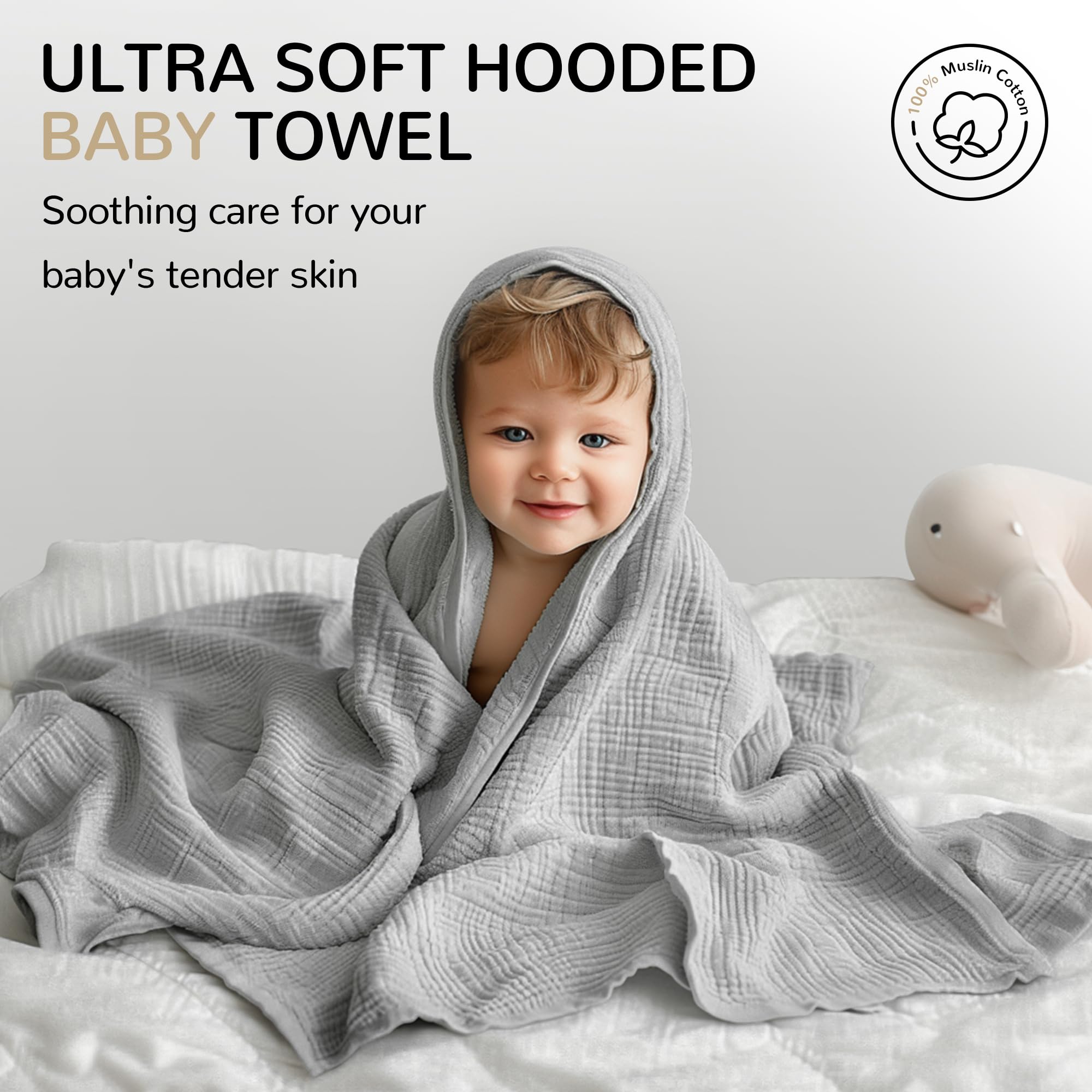 Muslin Hooded Baby Towels, 3 Pack Cotton Baby Bath Towels with Hood for Newborn, Babies, Infant, Toddler, Soft and Absorbent Baby Shower Towel Newborn Essential (35 X 35 Inch) (Green + Grey + Apricot)