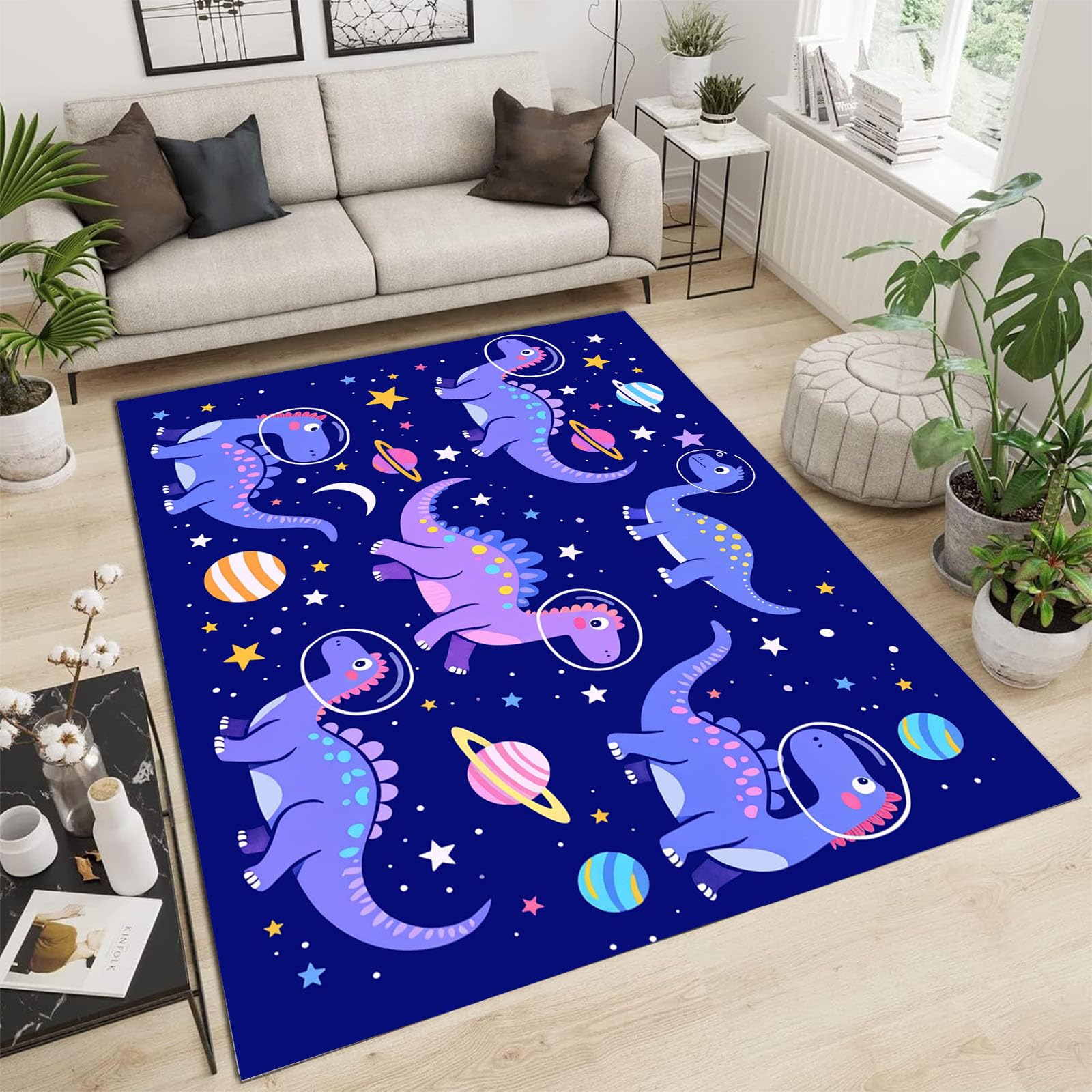 Tapis dinosaure bleu foncé 60x90cm pour chambre d'enfant douce