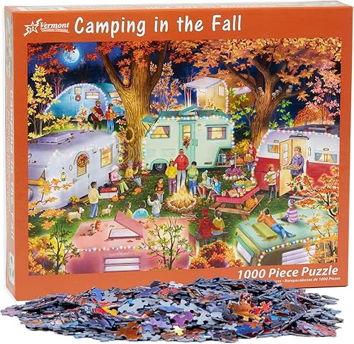 Miniatura 4 de Vermont Christmas Company Rompecabezas de 1000 piezas con temática de otoño para adultos con campistas retro, forma aleatoria y piezas totalmente