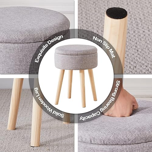 Miniatura 25 de Mxfurhawa Taburete otomano de almacenamiento redondo de lino con patas de madera, reposapiés tapizado multifuncional, para sala de estar, baño,