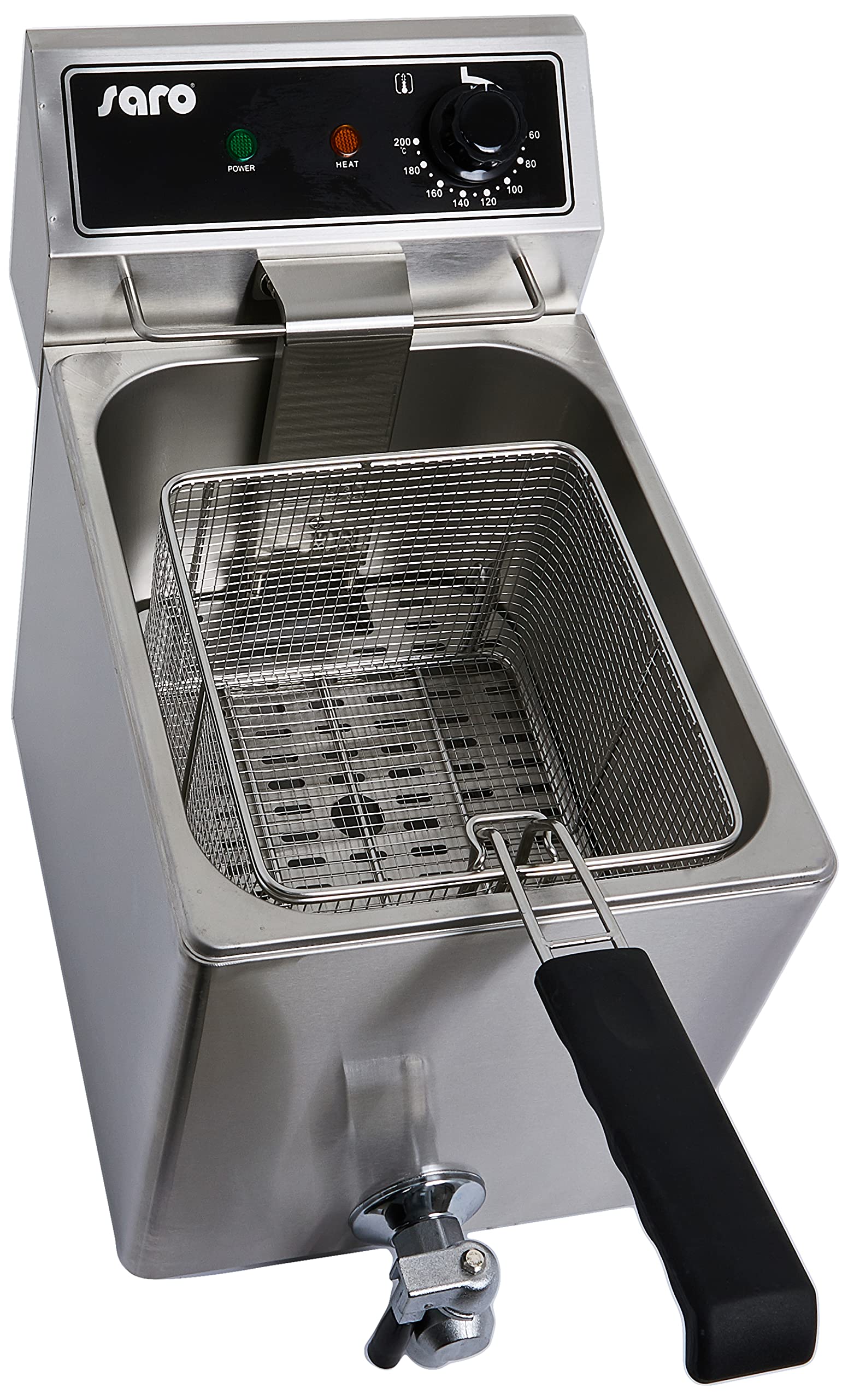 SARO Fritteuse – 8 L – Edelstahl – Temperatur 60–200 °C – Ablasshahn – Kältezone – Herausnehmbares Heizelement – Sicherheitsthermostat – 3 kW – Modell EF 8