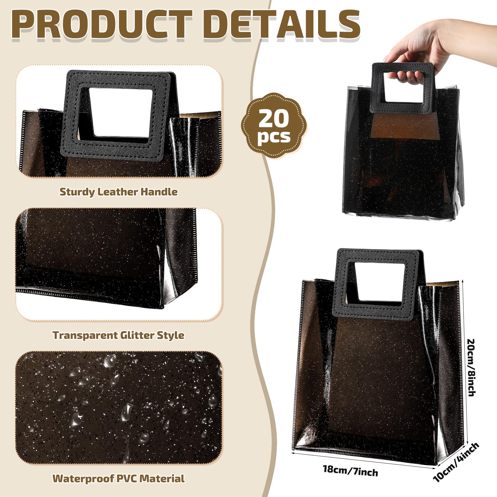 Jetec 20 Pieces Clear Gift Bags with Handles Valentines Transparent Glitter Tote Bag 7 x 4 x 8 Inch Reusable PVC Gift Wrap Bag for Bridal Party Baby Shower Wedding Birthday(Clear, Black, Glitter)