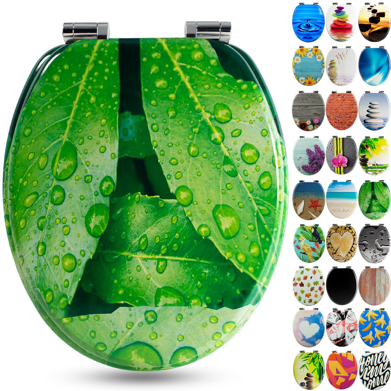 Sanfino® Premium Toilet Seat with Soft Close - Wooden Toilet Lid, Lots of Colourful and Decorative Designs, high Seating Comfort, Easy to Install Including Instructions - Fresh Leaves — image 1