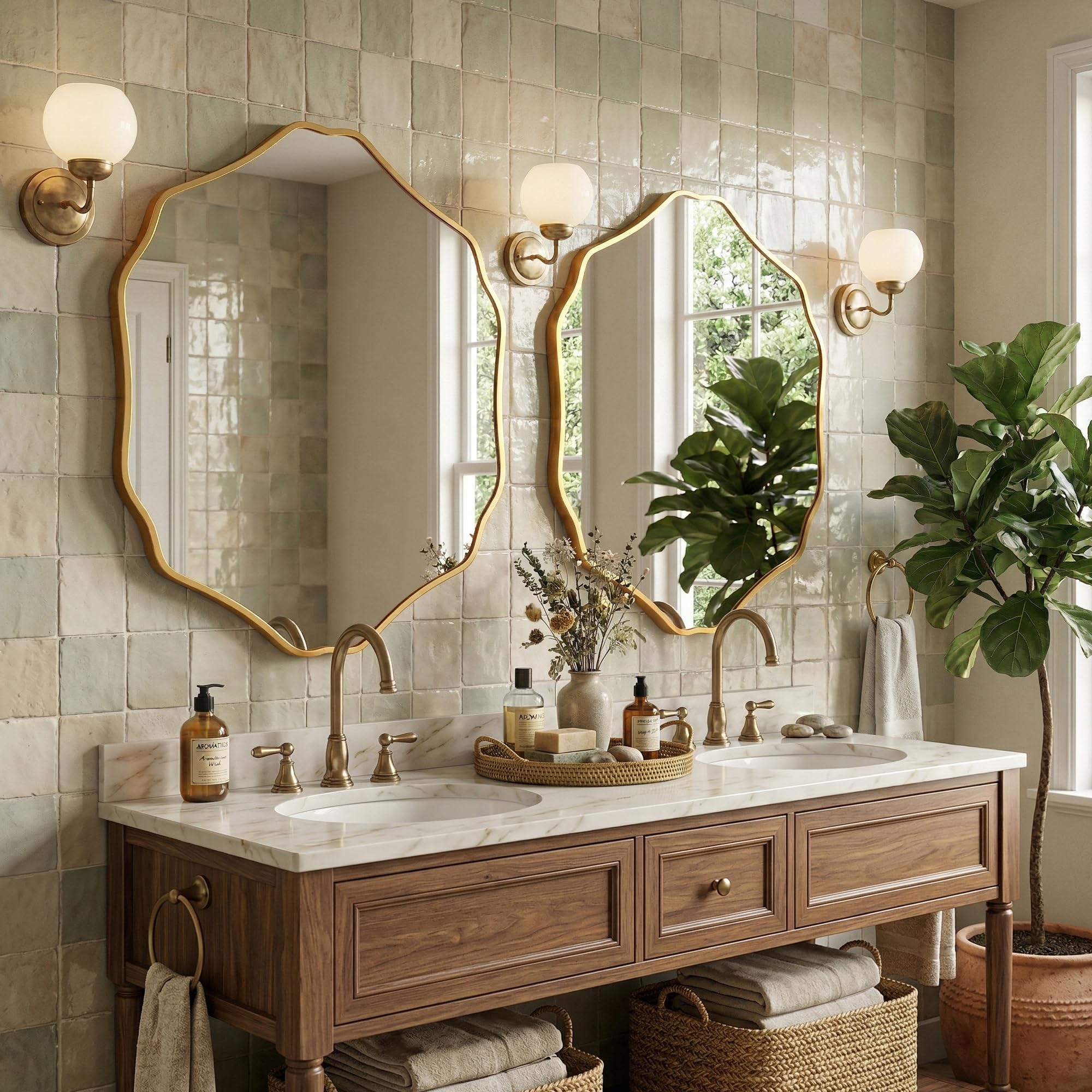 Miroir Mural Hexagonal Organique avec Cadre en Aluminium Brossé & Verre de Sécurité Trempé pour Salle de Bain, Entrée & Salon